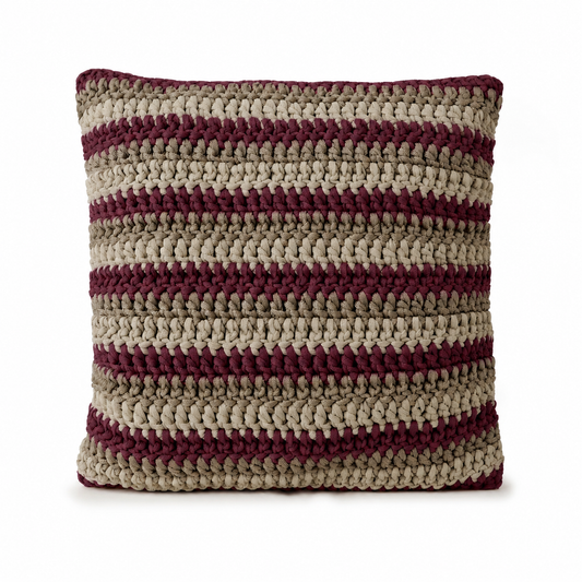 Almofada em Crochê Listrada Horizontal 1x1 Outdoor 50x50 Cru/Fendi/Marsala