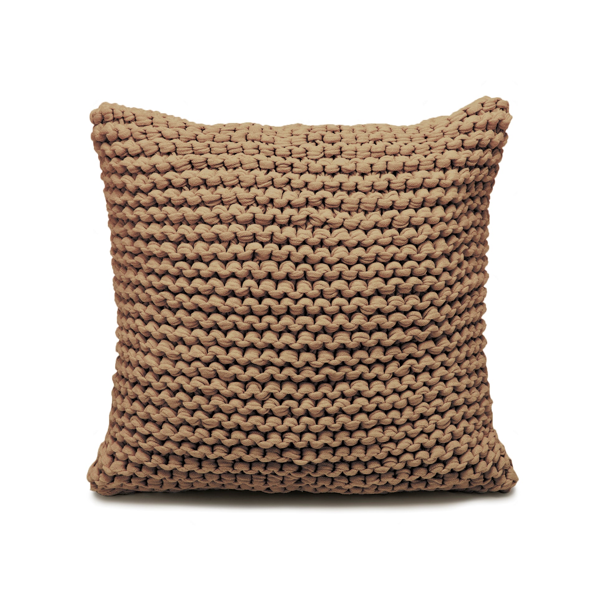 Almofada em tricô artesanal Caramelo frente e verso, com fio 100% algodão. Fechamento com zíper, possibilitando a remoção da capa para lavagem. Dimensões: Altura - 50cm; Largura - 50cm.