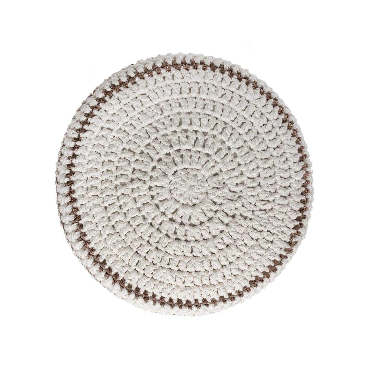 Puff de crochê artesanal listras, Caramelo, com fio 100% algodão.  Fechamento com zíper, possibilitando a remoção da capa para lavagem.  Dimensões: Altura - 30cm; Diâmetro - 60cm.