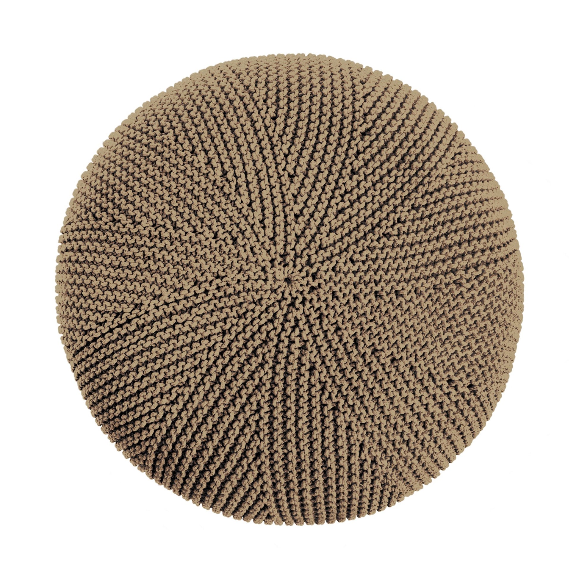 Puff em tricô artesanal, Caramelo, com fio 100% algodão. Fechamento com zíper, possibilitando a remoção da capa para lavagem. Dimensões: Altura - 35cm; Diâmetro - 100cm.