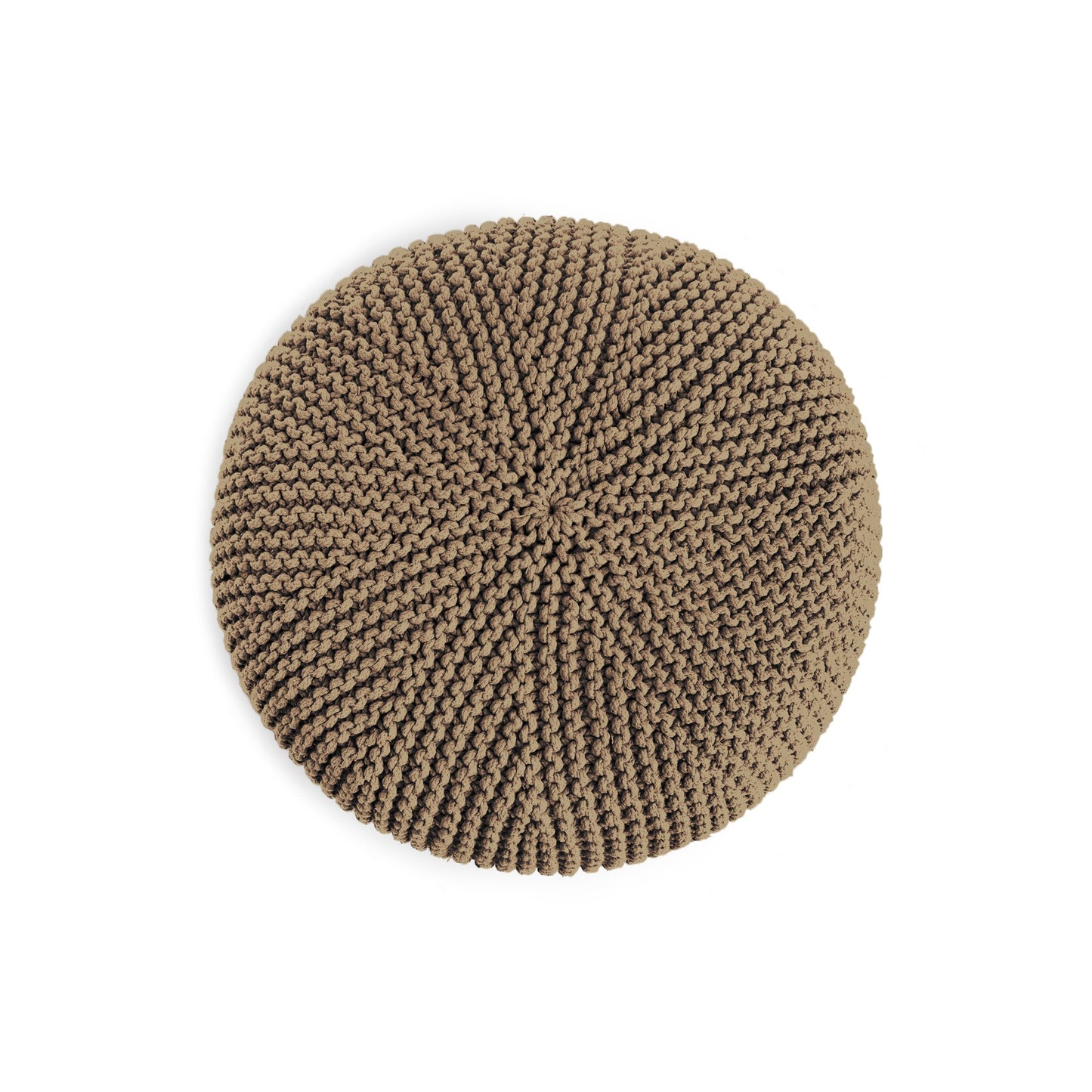 Puff em tricô artesanal,  Caramelo, com fio 100% algodão. Fechamento com zíper, possibilitando a remoção da capa para lavagem. Dimensões: Altura - 30cm; Diâmetro - 75cm.