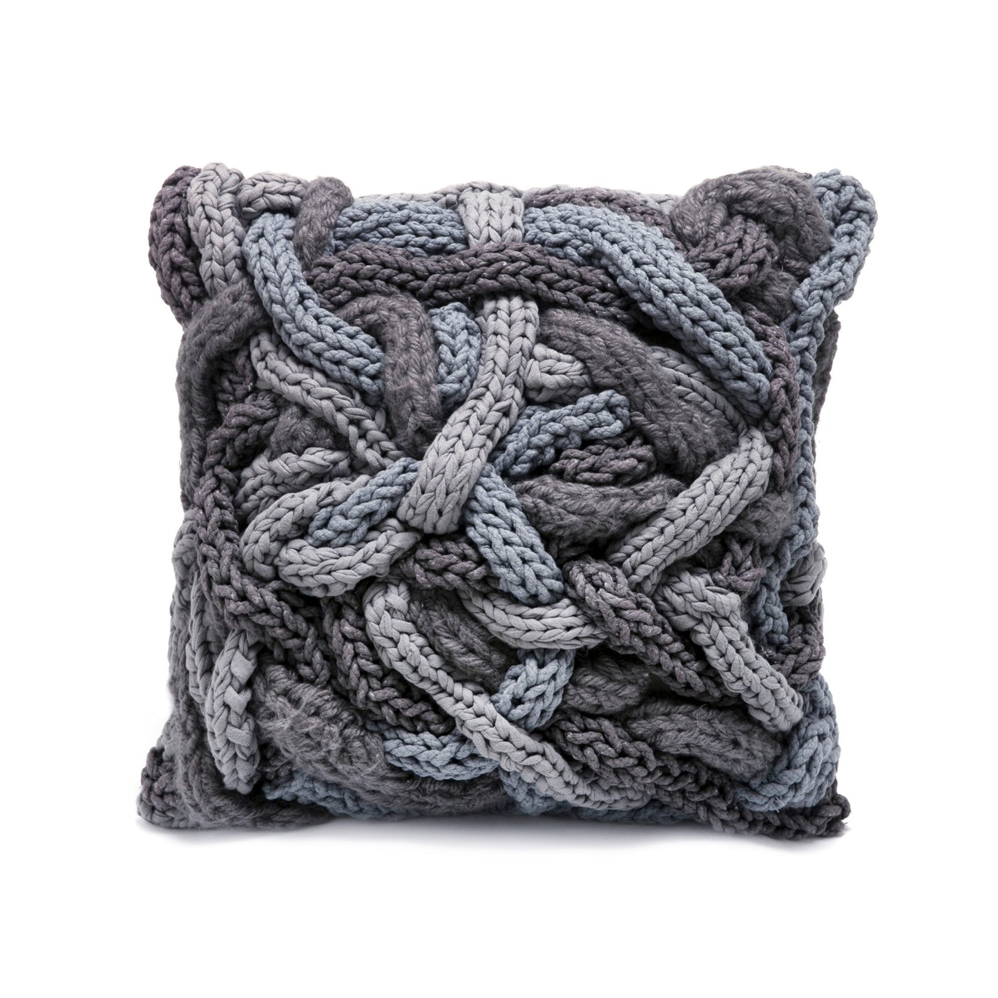 Almofada em tricô e crochê artesanal com Mix de Fios Roots 60x60 Cinza Pronta Entrega