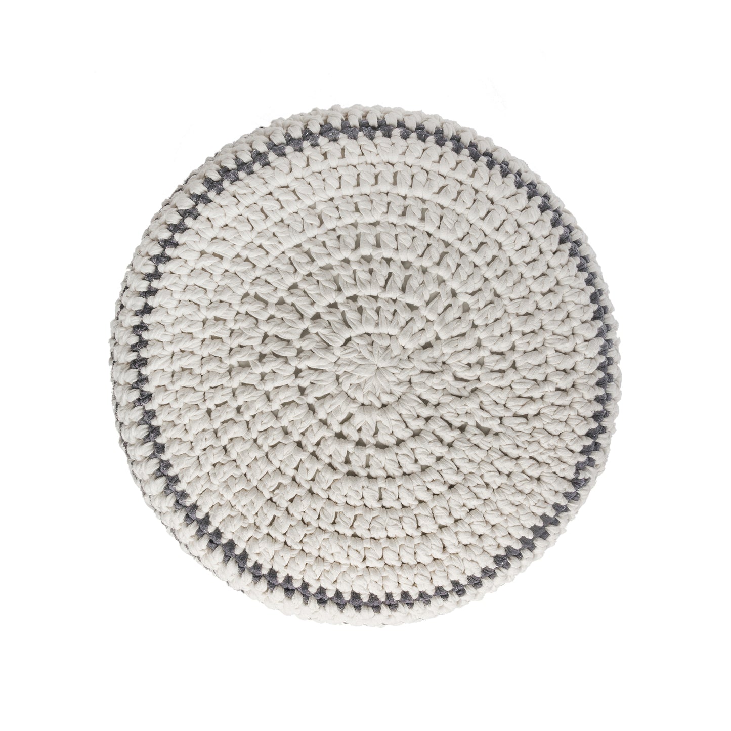 Puff de crochê artesanal listras, Cinza, com fio 100% algodão. Fechamento com zíper, possibilitando a remoção da capa para lavagem. Dimensões: Altura - 30cm; Diâmetro - 60cm.
