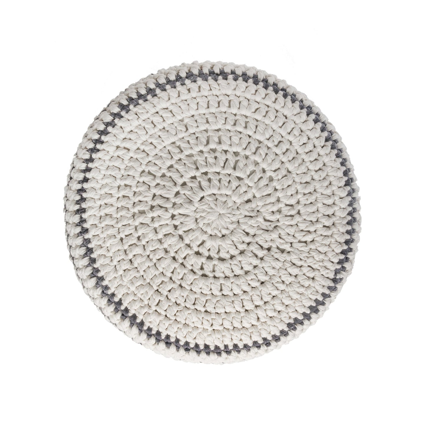 Puff de crochê artesanal listras, Cinza, com fio 100% algodão.  Fechamento com zíper, possibilitando a remoção da capa para lavagem.  Dimensões: Altura - 30cm; Diâmetro - 60cm.