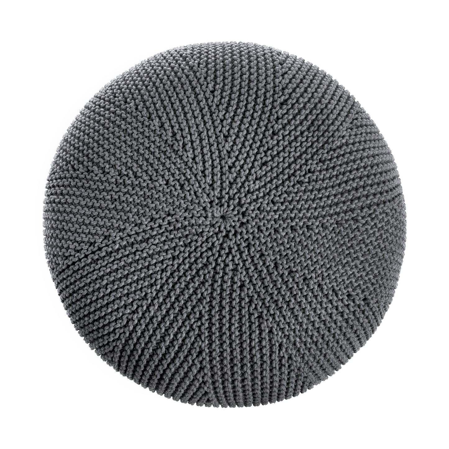 Puff em tricô artesanal, Cinza, com fio 100% algodão. Fechamento com zíper, possibilitando a remoção da capa para lavagem. Dimensões: Altura - 35cm; Diâmetro - 100cm.