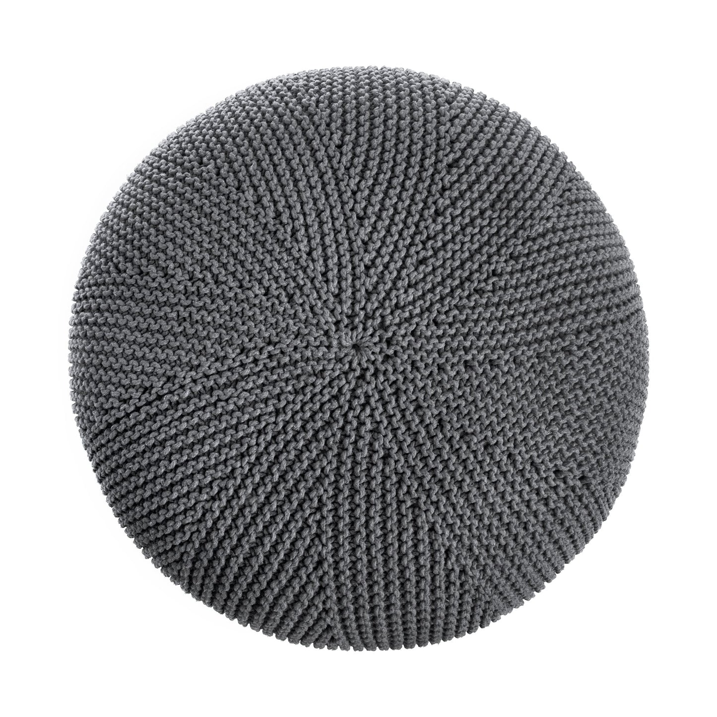 Puff em tricô artesanal, Cinza, com fio 100% algodão. Fechamento com zíper, possibilitando a remoção da capa para lavagem. Dimensões: Altura - 35cm; Diâmetro - 100cm.