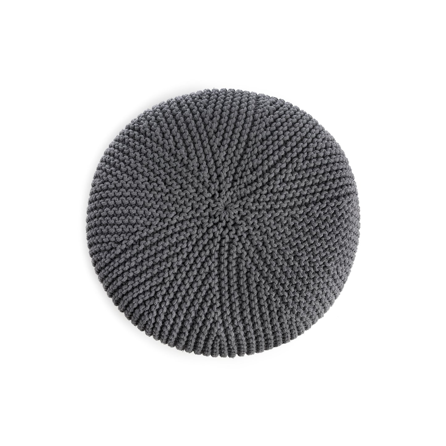 Puff em tricô artesanal,  Cinza, com fio 100% algodão. Fechamento com zíper, possibilitando a remoção da capa para lavagem. Dimensões: Altura - 30cm; Diâmetro - 75cm.