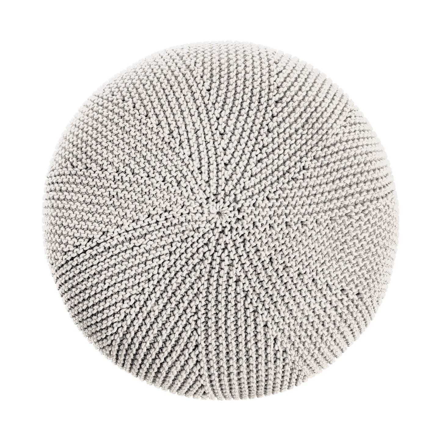 Puff em tricô artesanal, Cru, com fio 100% algodão. Fechamento com zíper, possibilitando a remoção da capa para lavagem. Dimensões: Altura - 35cm; Diâmetro - 100cm.