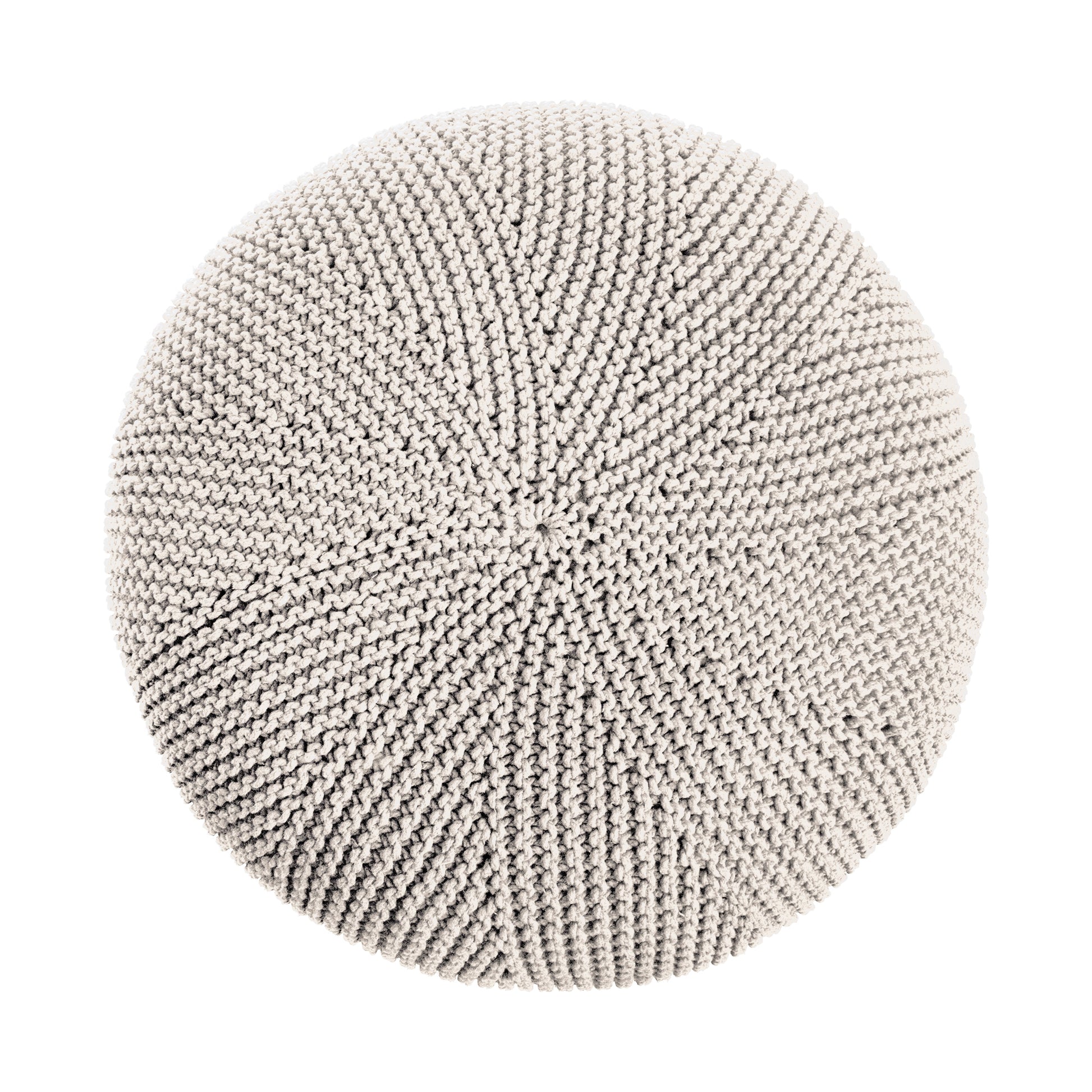 Puff em tricô artesanal, Cru, com fio 100% algodão. Fechamento com zíper, possibilitando a remoção da capa para lavagem. Dimensões: Altura - 35cm; Diâmetro - 100cm.