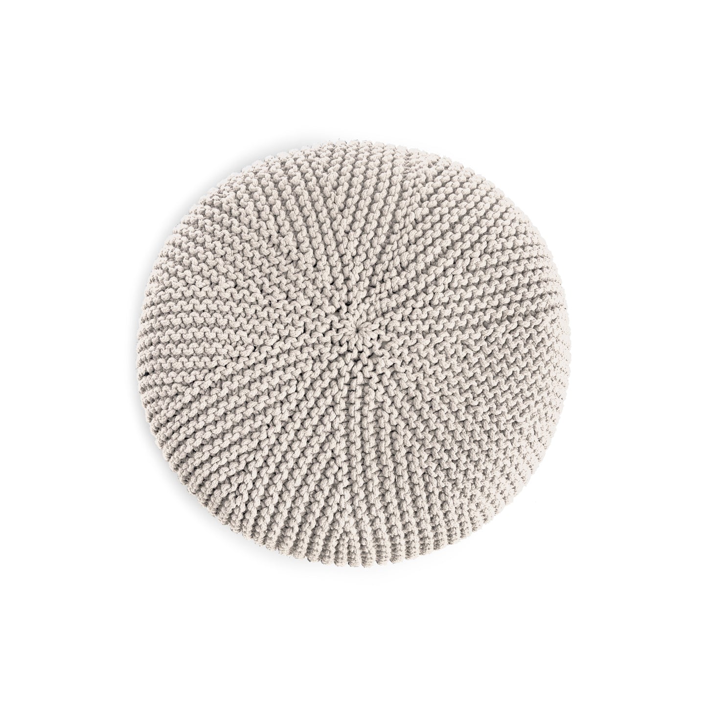 Puff em tricô artesanal,  Cru, com fio 100% algodão. Fechamento com zíper, possibilitando a remoção da capa para lavagem. Dimensões: Altura - 30cm; Diâmetro - 75cm.