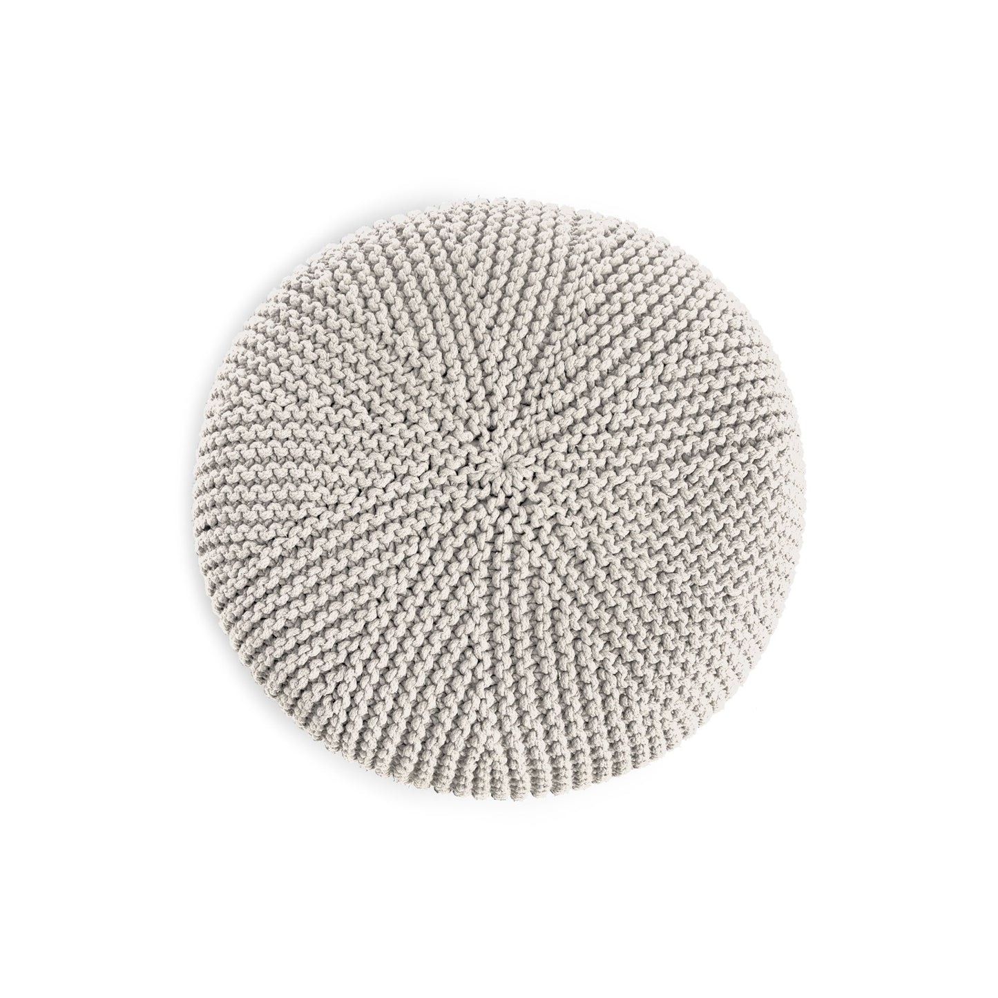 Puff em tricô artesanal,  Cru, com fio 100% algodão. Fechamento com zíper, possibilitando a remoção da capa para lavagem. Dimensões: Altura - 30cm; Diâmetro - 75cm.