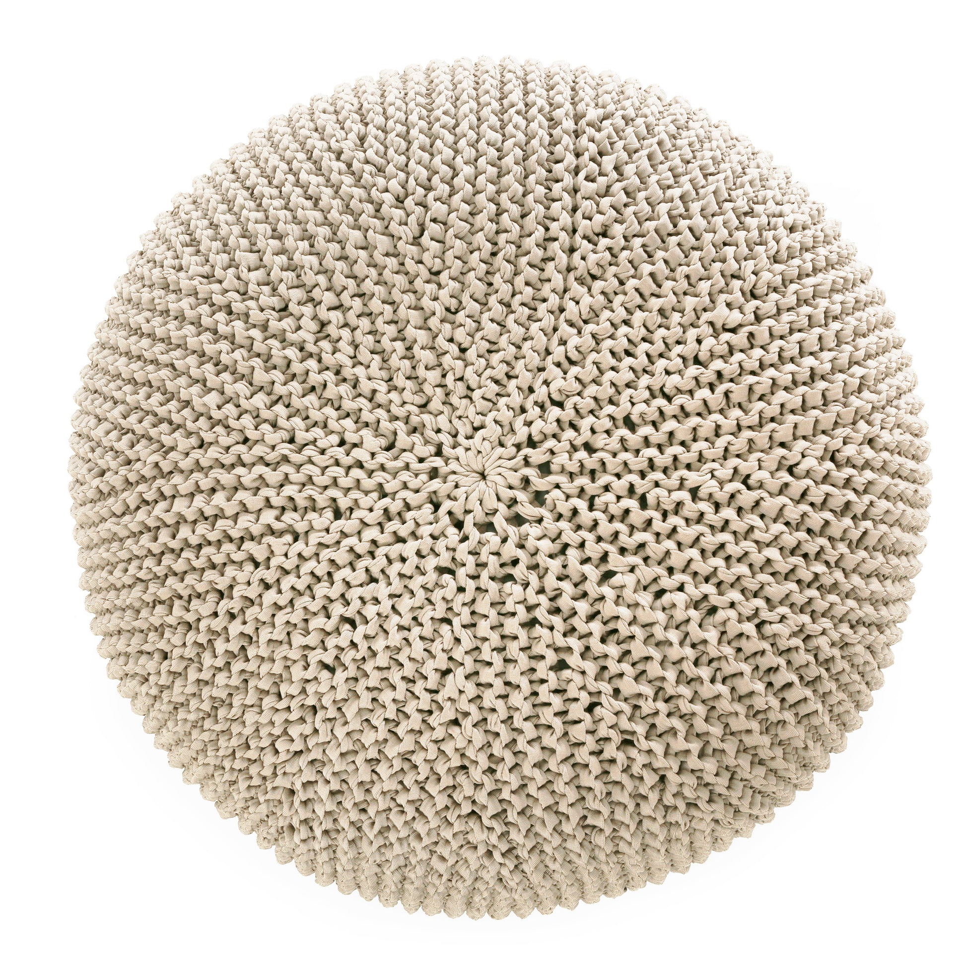 Puff em tricô artesanal para área externa, com fio 100% polipropileno. Enchimento em tecido aquablock e isopor. Fechamento com zíper, possibilitando a remoção da capa para lavagem. Dimensões: Altura - 35cm; Largura - 100cm; Comprimento - 100cm.