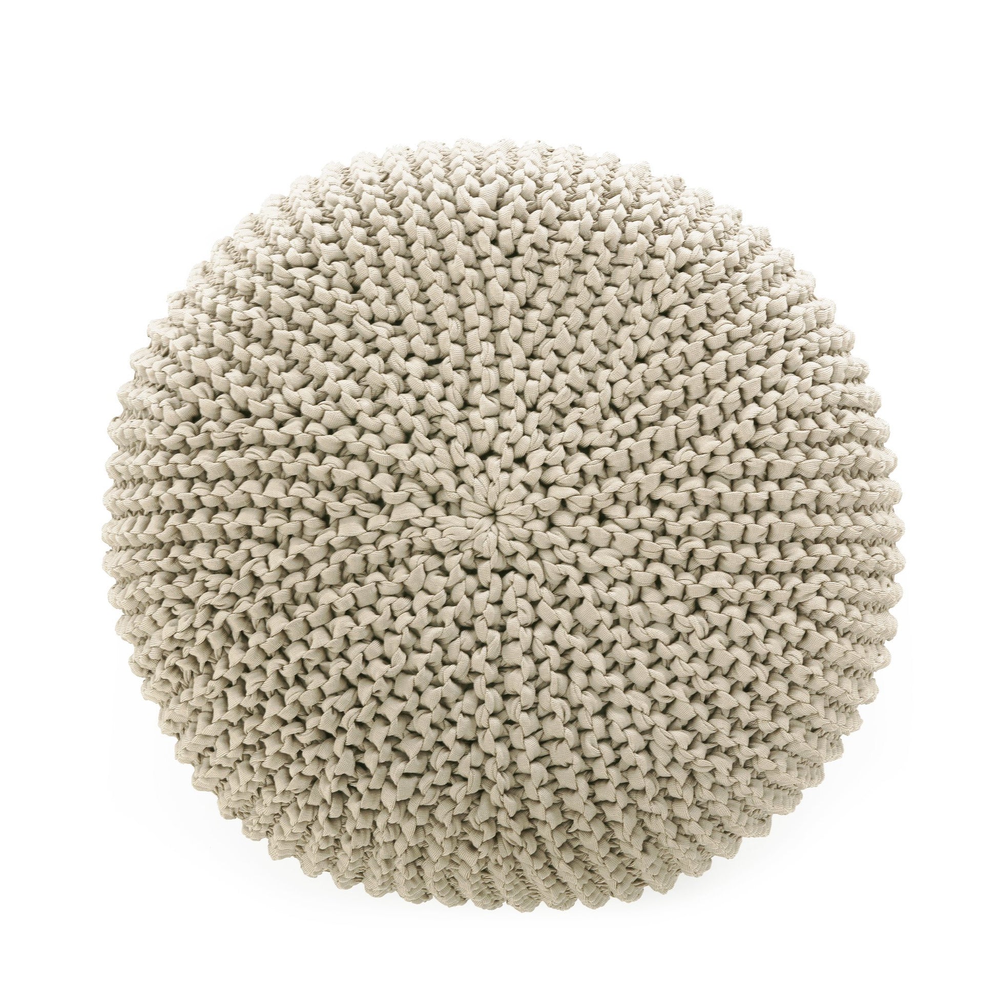 Puff em tricô artesanal para área externa, com fio 100% polipropileno. Enchimento em tecido aquablock e isopor. Fechamento com zíper, possibilitando a remoção da capa para lavagem. Dimensões: Altura - 30cm; Largura - 75cm; Comprimento - 75cm.