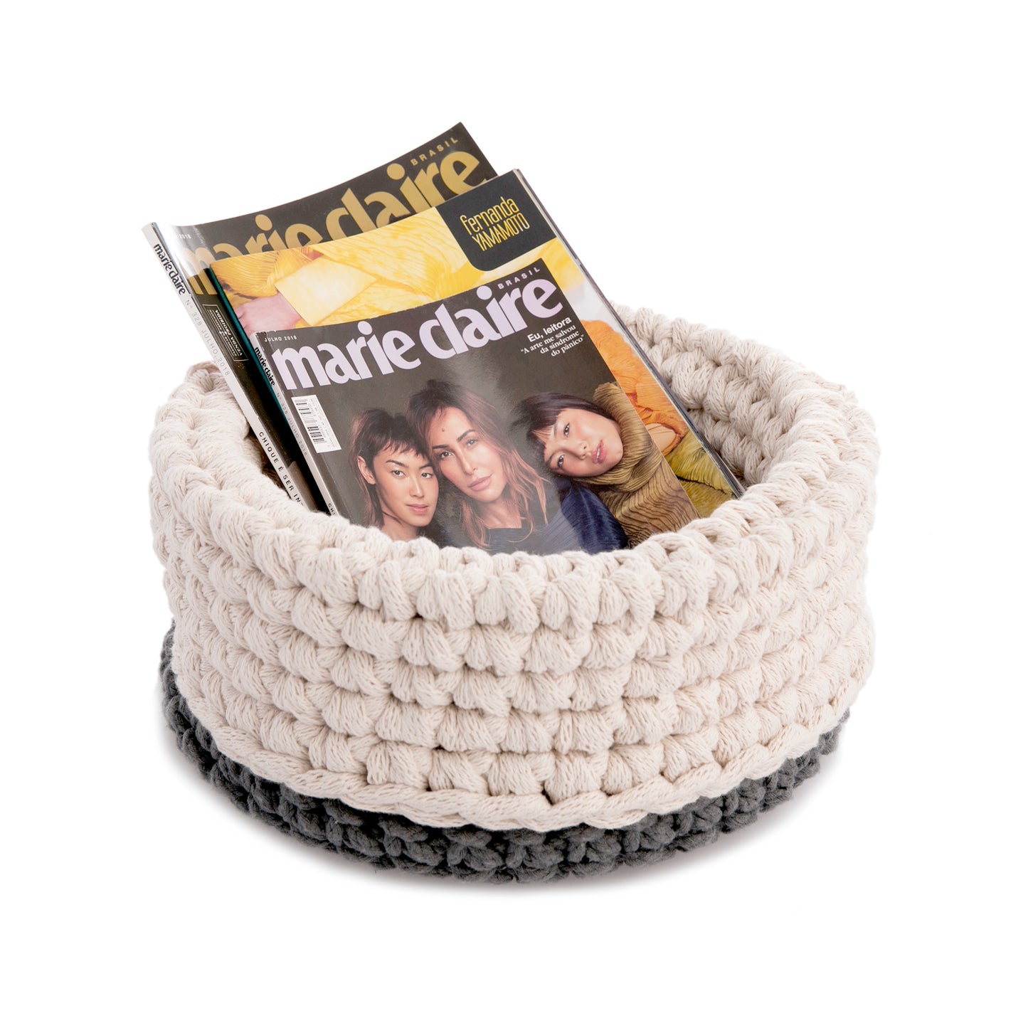 Cesta de crochê Bicolor Cinza/Cru