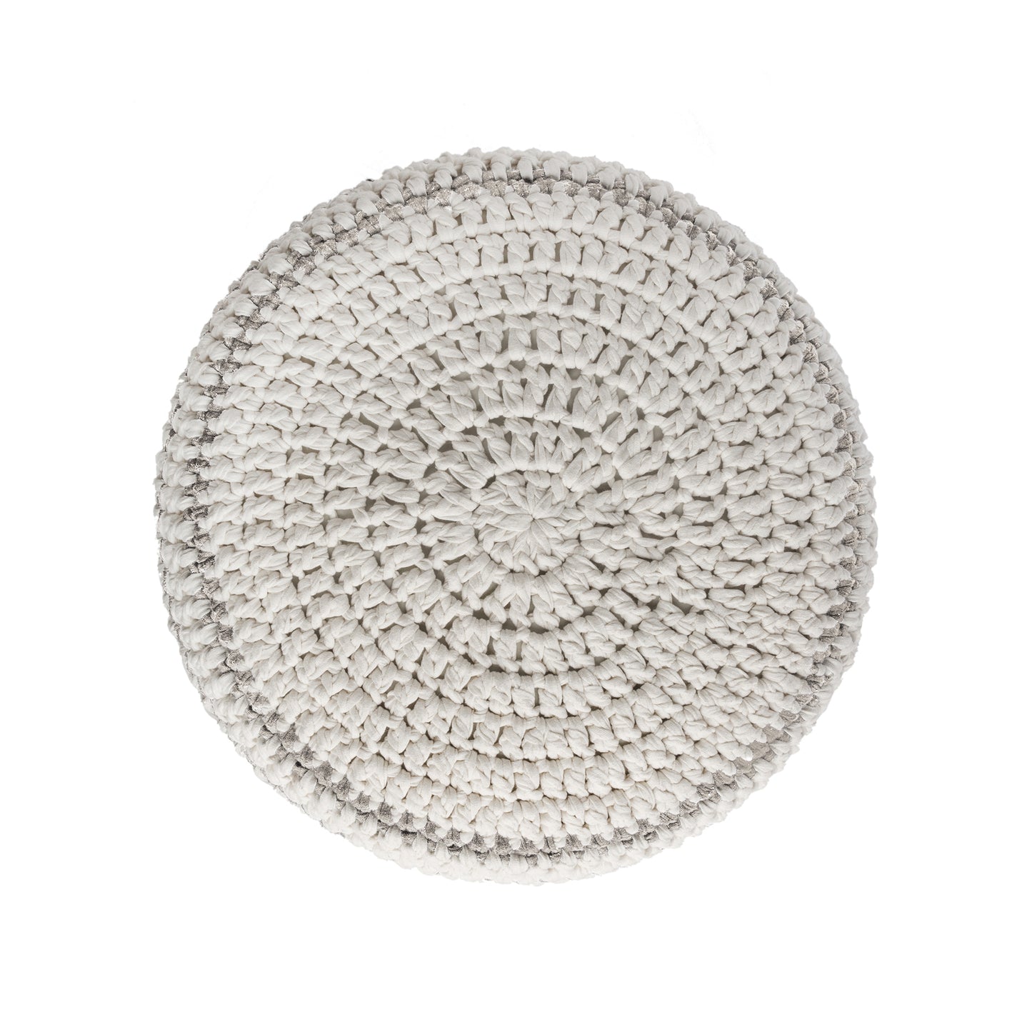 Puff de crochê artesanal listras, Fendi, com fio 100% algodão.  Fechamento com zíper, possibilitando a remoção da capa para lavagem.  Dimensões: Altura - 30cm; Diâmetro - 60cm.