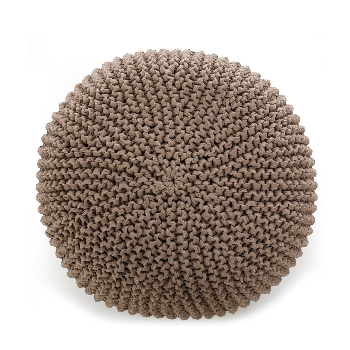 Puff em tricô artesanal para área externa, com fio 100% polipropileno. Enchimento em tecido aquablock e isopor. Fechamento com zíper, possibilitando a remoção da capa para lavagem. Dimensões: Altura - 30cm; Largura - 75cm; Comprimento - 75cm.