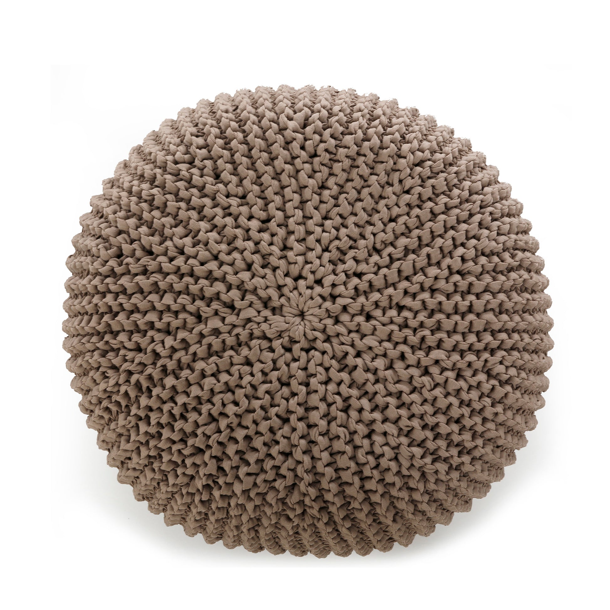 Puff em tricô artesanal para área externa, com fio 100% polipropileno. Enchimento em tecido aquablock e isopor. Fechamento com zíper, possibilitando a remoção da capa para lavagem. Dimensões: Altura - 30cm; Largura - 75cm; Comprimento - 75cm.