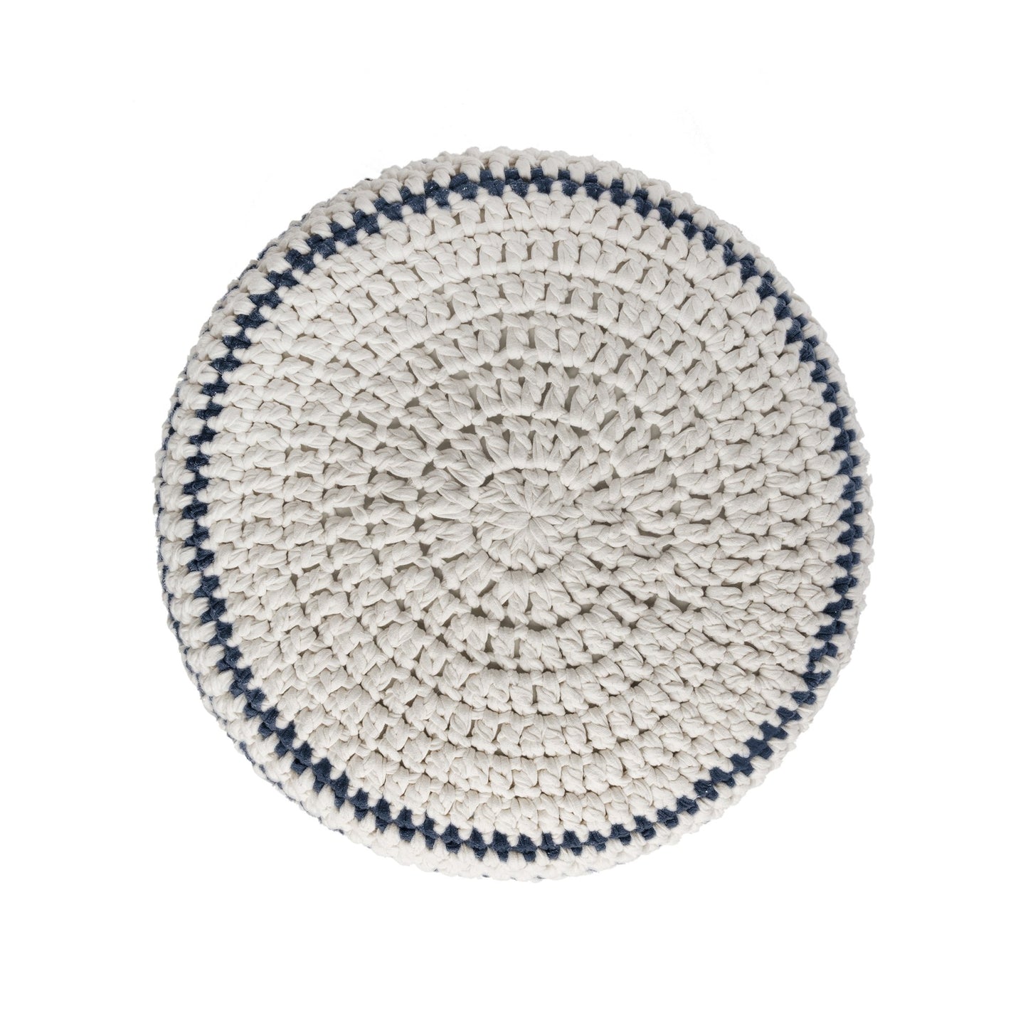 Puff de crochê artesanal listras, Marinho, com fio 100% algodão.  Fechamento com zíper, possibilitando a remoção da capa para lavagem.  Dimensões: Altura - 30cm; Diâmetro - 60cm.