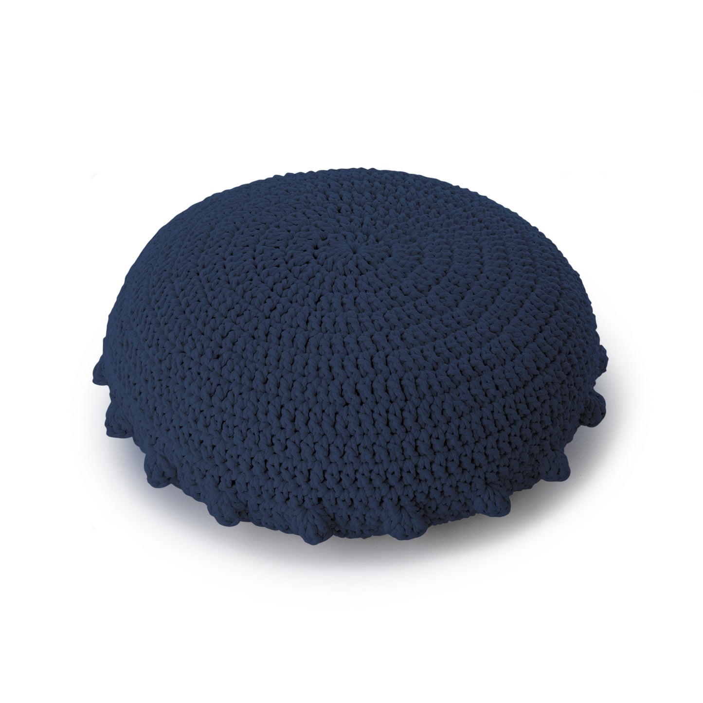 Puff Disco em crochê Marinho, com fio 100% algodão. Fechamento com zíper, possibilitando a remoção da capa para lavagem. Dimensões: Altura - 20cm; Diâmetro - 85cm.