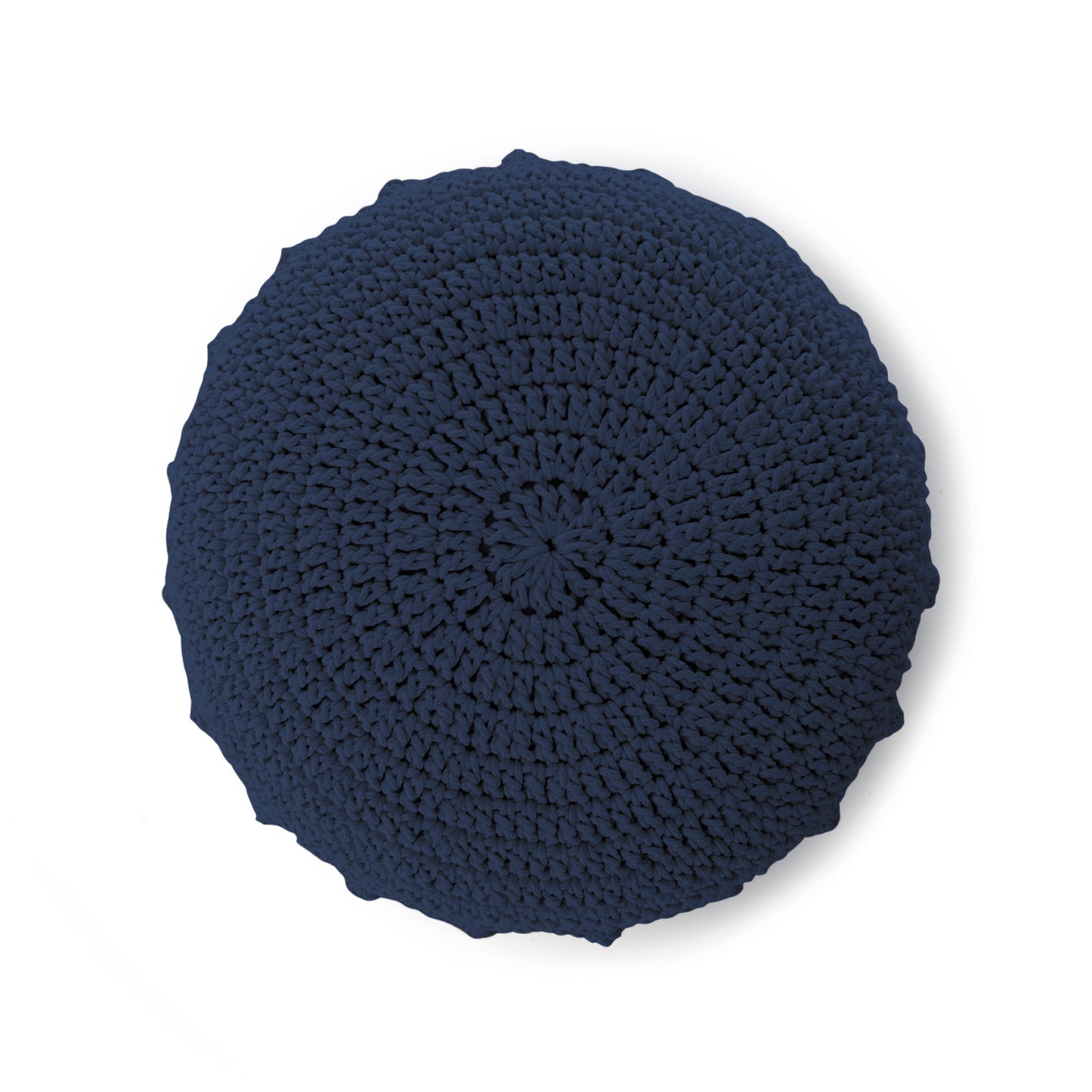 Puff Disco em crochê Marinho, com fio 100% algodão. Fechamento com zíper, possibilitando a remoção da capa para lavagem. Dimensões: Altura - 20cm; Diâmetro - 85cm.