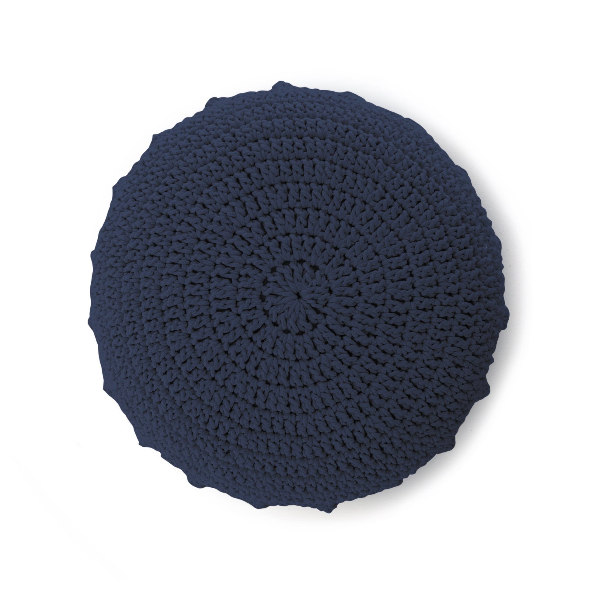 Puff Disco em crochê Marinho, com fio 100% algodão.  Fechamento com zíper, possibilitando a remoção da capa para lavagem.  Dimensões: Altura - 20cm; Diâmetro - 85cm.