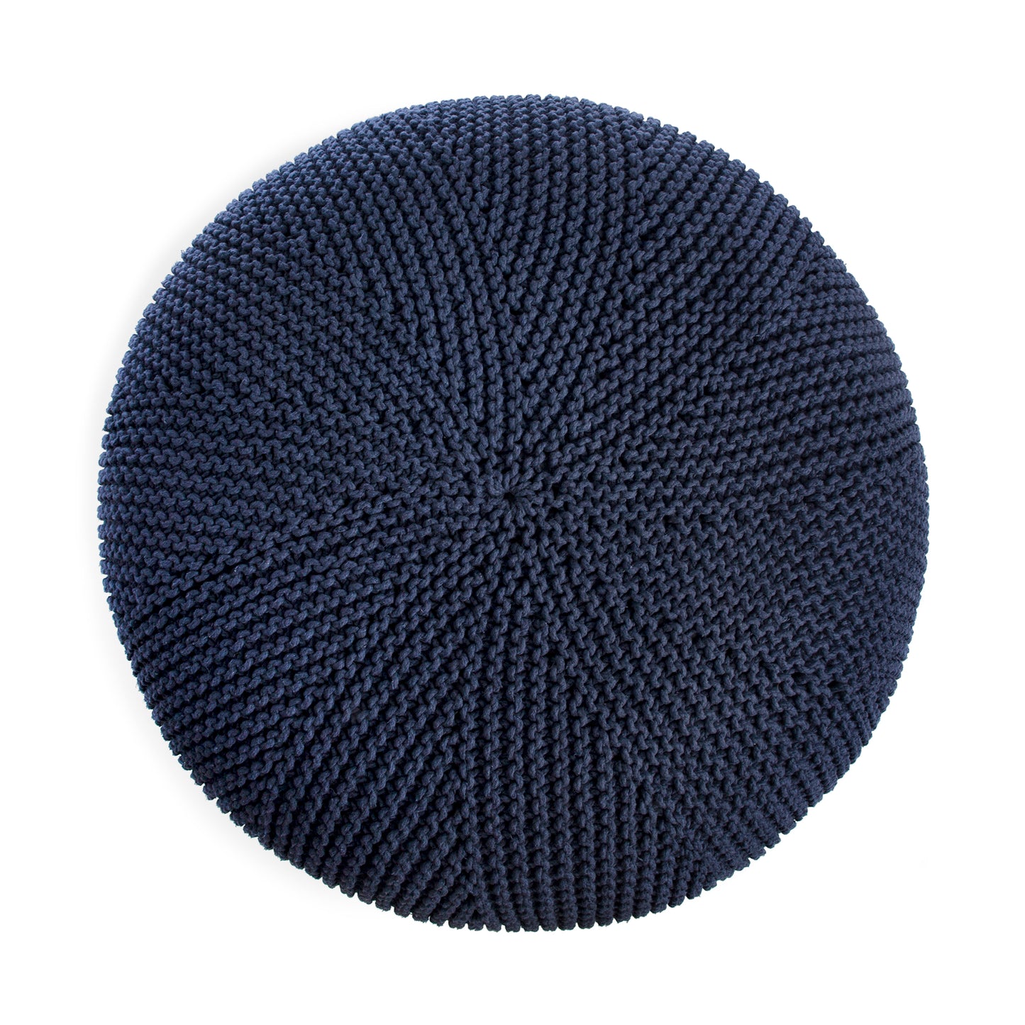 Puff em tricô artesanal, Marinho, com fio 100% algodão. Fechamento com zíper, possibilitando a remoção da capa para lavagem. Dimensões: Altura - 35cm; Diâmetro - 100cm.