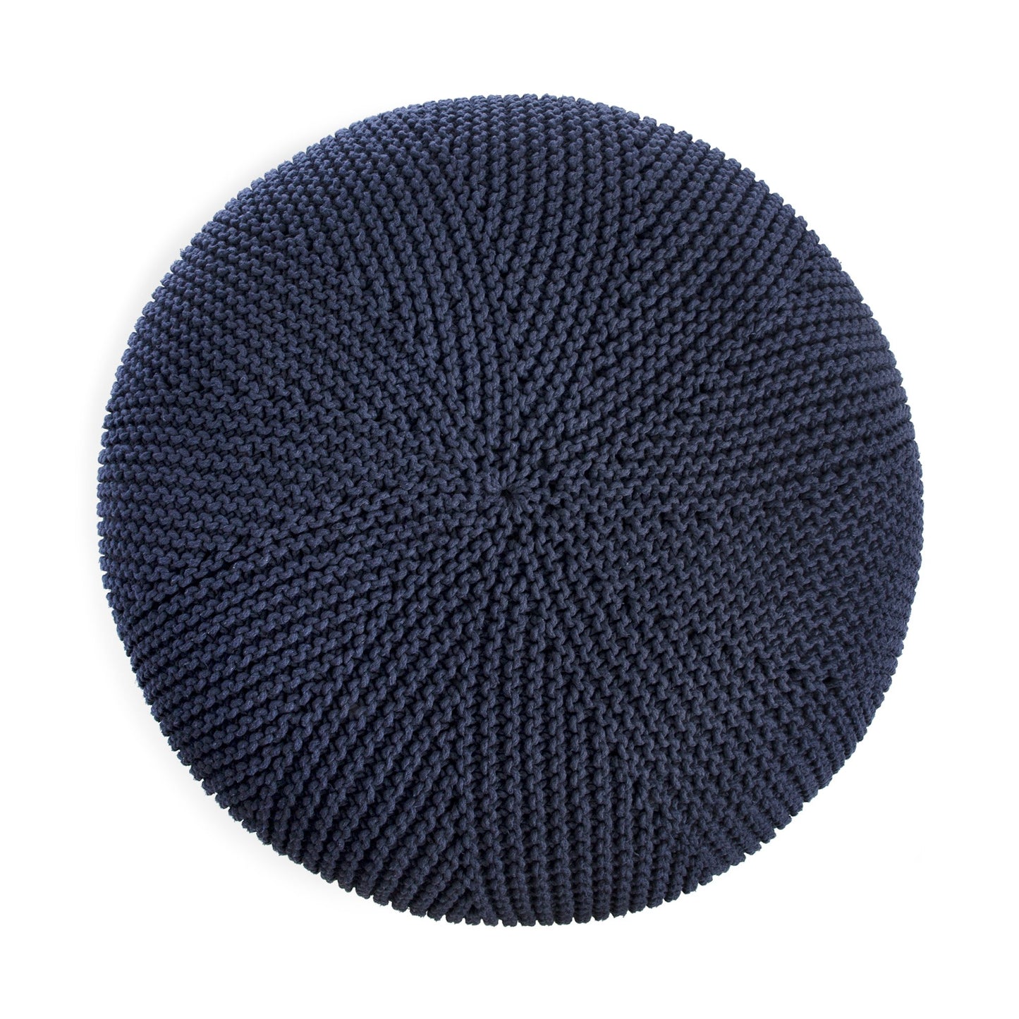 Puff em tricô artesanal, Marinho, com fio 100% algodão. Fechamento com zíper, possibilitando a remoção da capa para lavagem. Dimensões: Altura - 35cm; Diâmetro - 100cm.