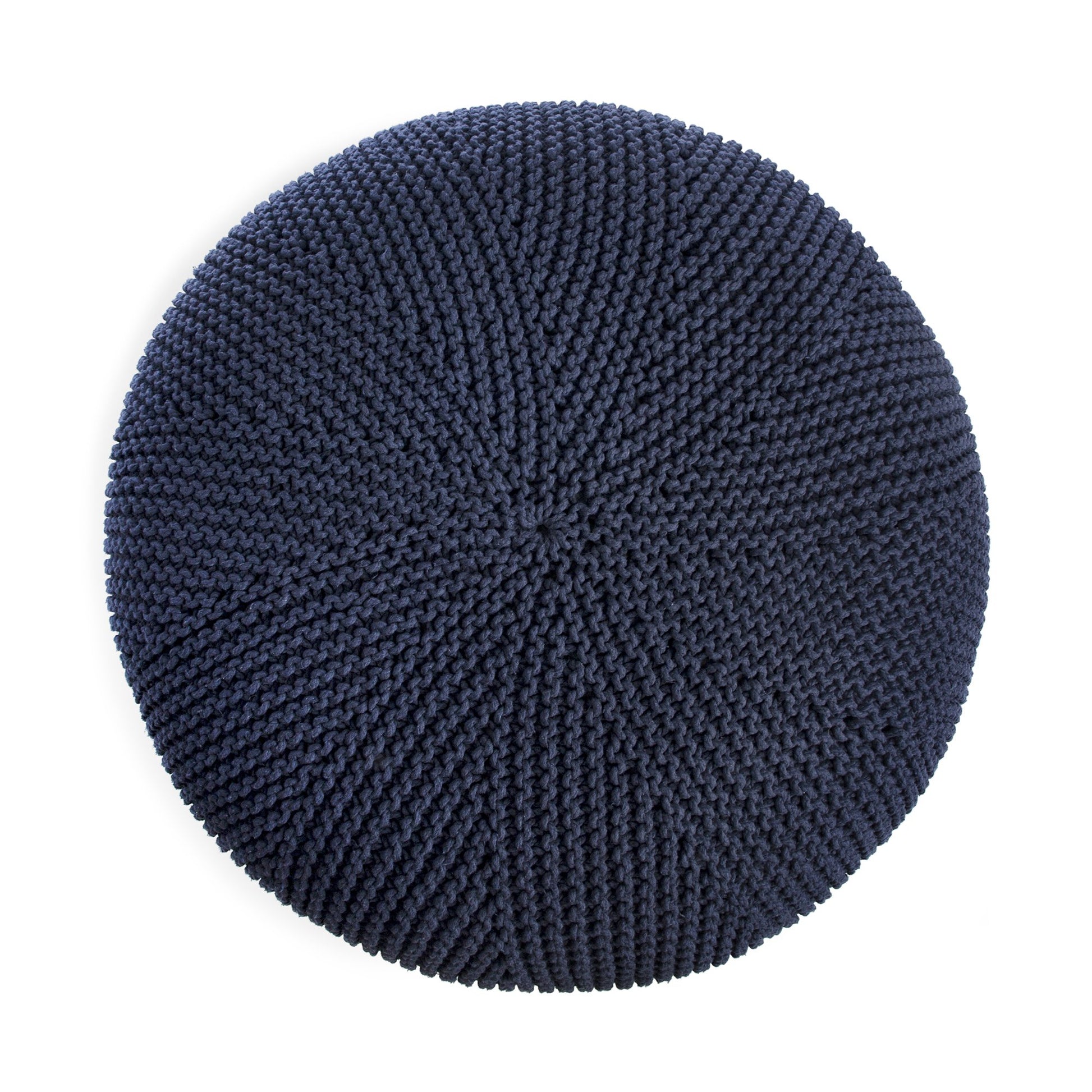 Puff em tricô artesanal, Marinho, com fio 100% algodão. Fechamento com zíper, possibilitando a remoção da capa para lavagem. Dimensões: Altura - 35cm; Diâmetro - 100cm.