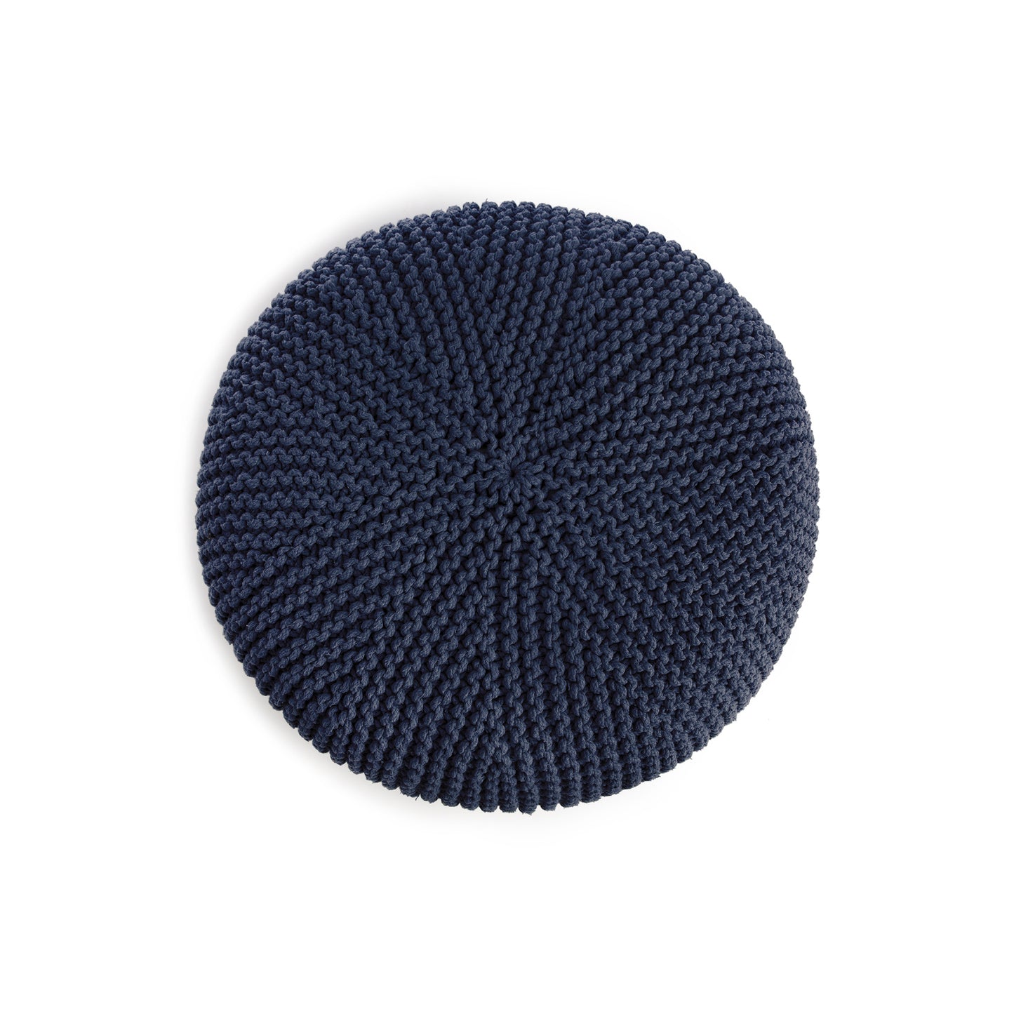 Puff em tricô artesanal, Marinho, com fio 100% algodão. Fechamento com zíper, possibilitando a remoção da capa para lavagem. Dimensões: Altura - 30cm; Diâmetro - 75cm.