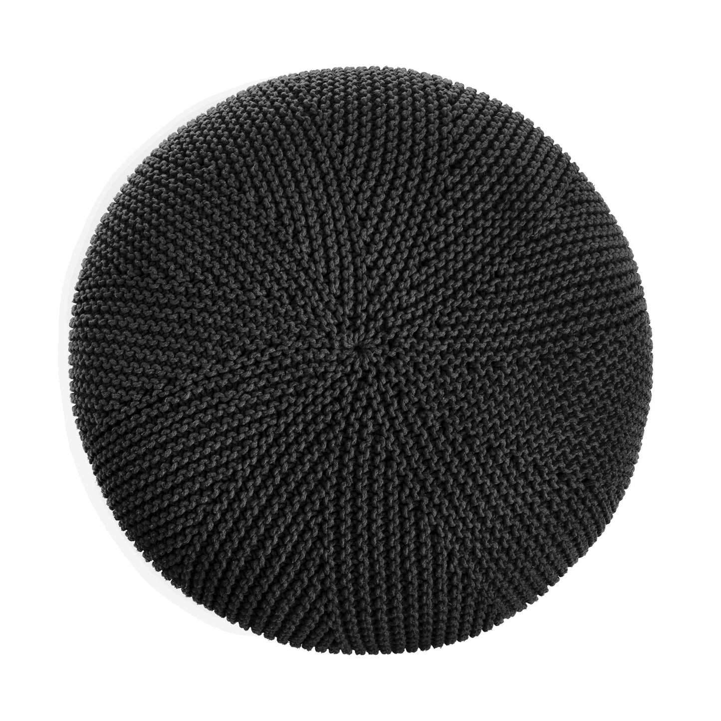 Puff em tricô artesanal, Preto, com fio 100% algodão. Fechamento com zíper, possibilitando a remoção da capa para lavagem. Dimensões: Altura - 35cm; Diâmetro - 100cm.