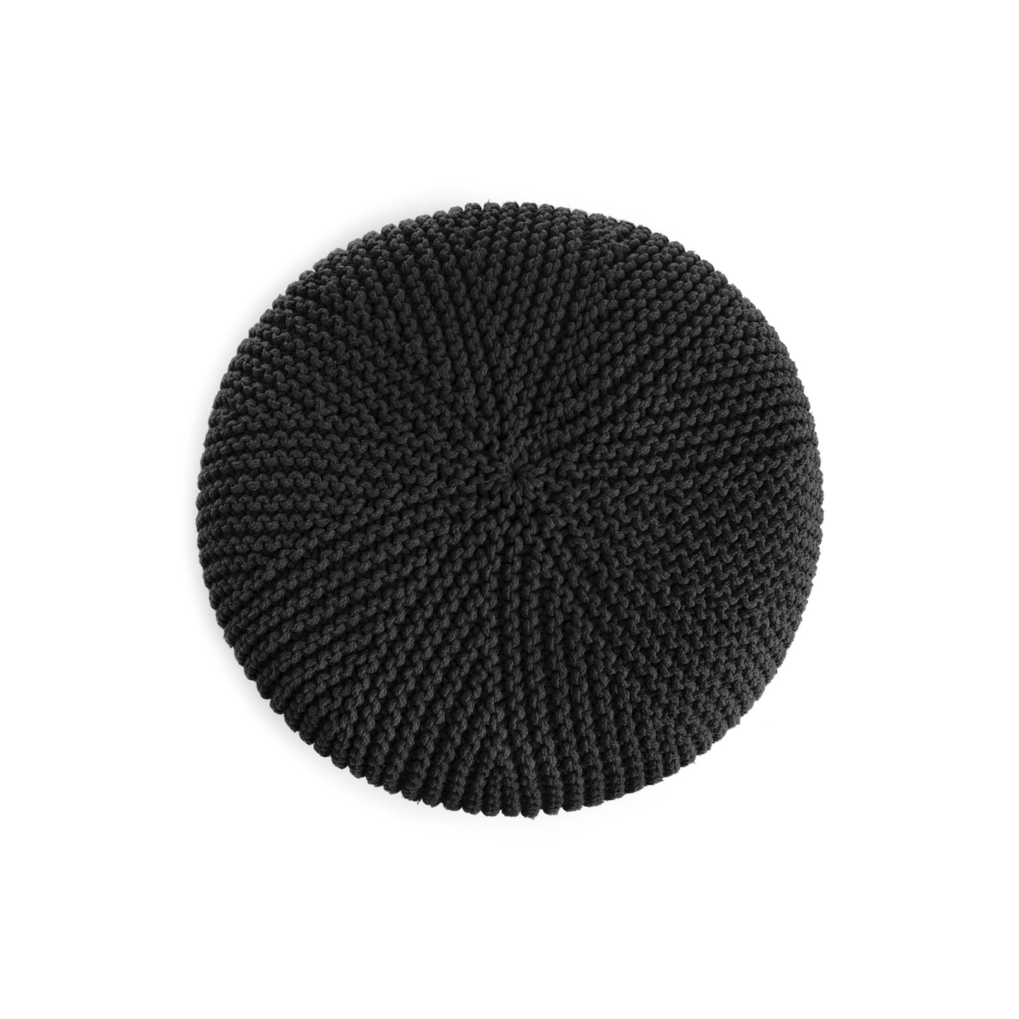Puff em tricô artesanal, Preto, com fio 100% algodão. Fechamento com zíper, possibilitando a remoção da capa para lavagem. Dimensões: Altura - 30cm; Diâmetro - 75cm.