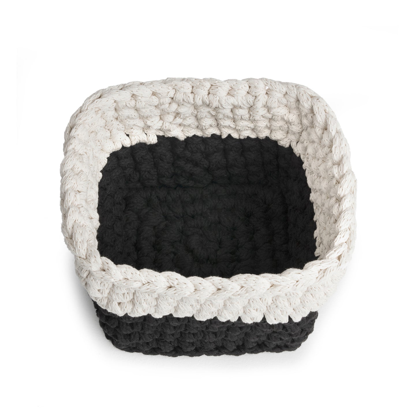 Vaso de crochê Bicolor, Preto/Cru, com fio 100% algodão.