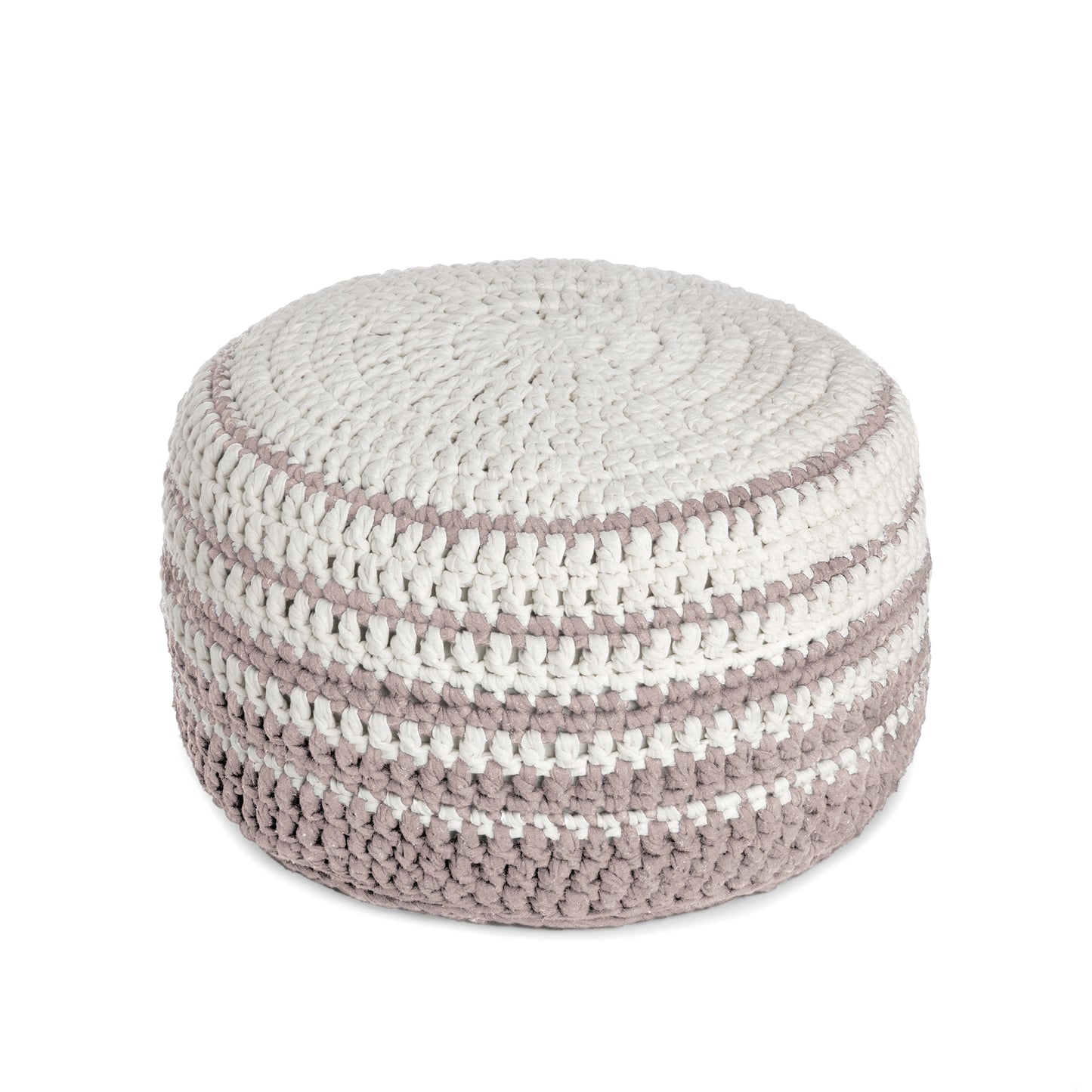Puff de crochê artesanal listras, Rose, com fio 100% algodão. Fechamento com zíper, possibilitando a remoção da capa para lavagem. Dimensões: Altura - 30cm; Diâmetro - 60cm.