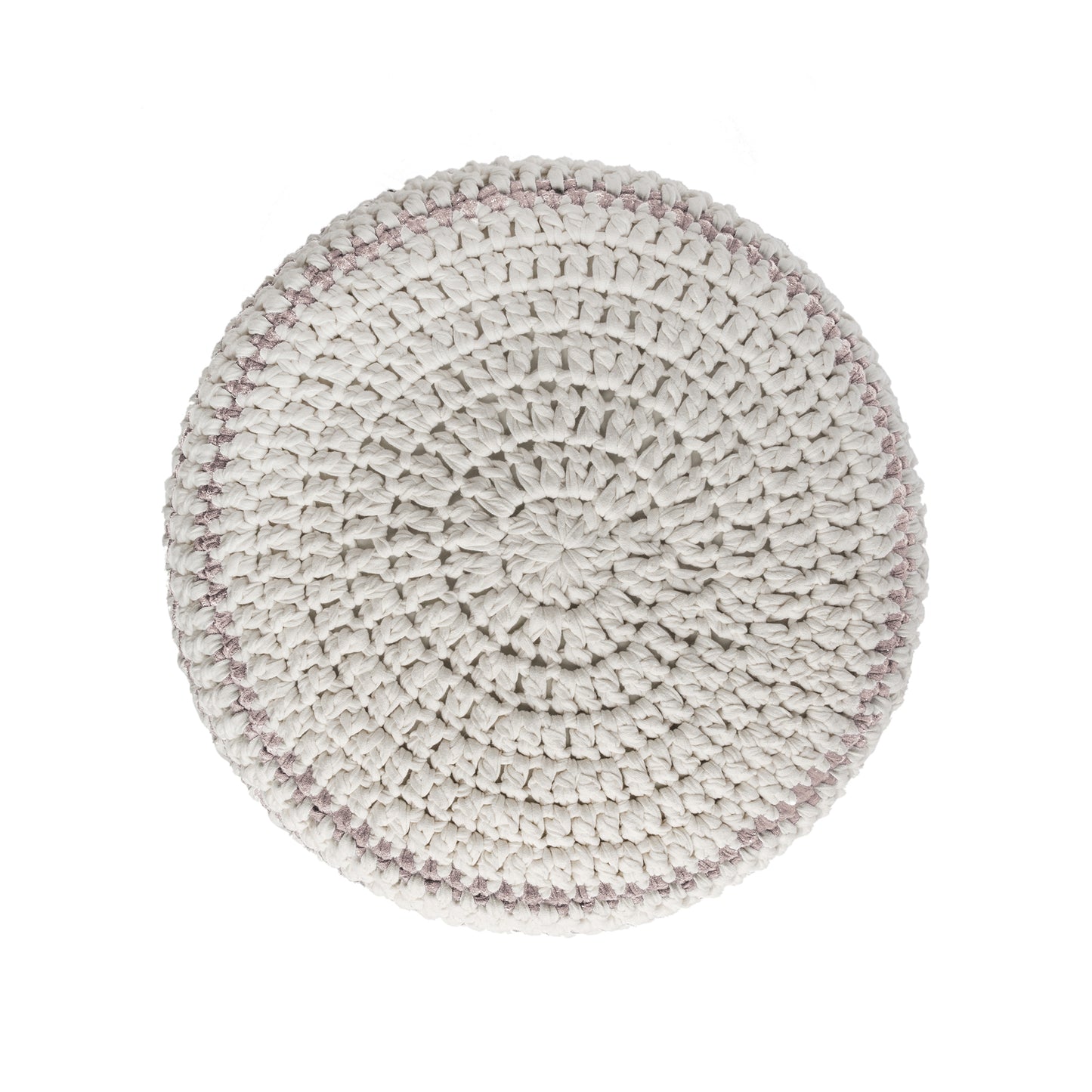 Puff de crochê artesanal listras, Rose, com fio 100% algodão. Fechamento com zíper, possibilitando a remoção da capa para lavagem. Dimensões: Altura - 30cm; Diâmetro - 60cm.