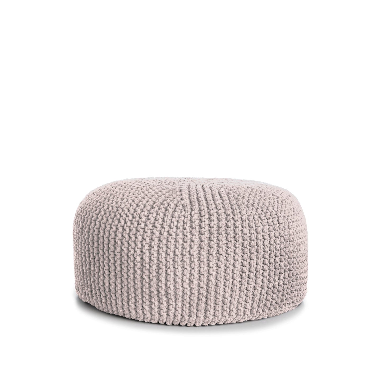 Puff em tricô artesanal,  Rose, com fio 100% algodão. Fechamento com zíper, possibilitando a remoção da capa para lavagem. Dimensões: Altura - 30cm; Diâmetro - 75cm.
