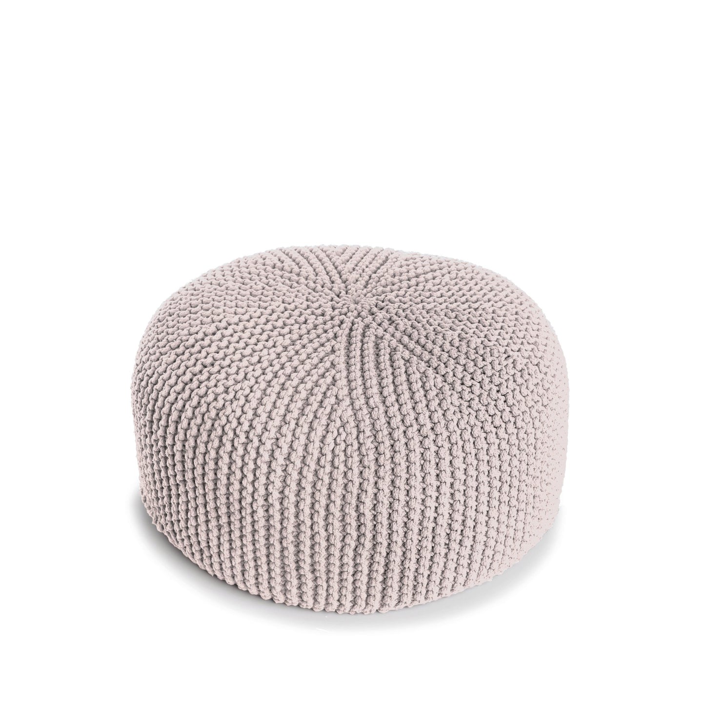 Puff em tricô artesanal,  Rose, com fio 100% algodão. Fechamento com zíper, possibilitando a remoção da capa para lavagem. Dimensões: Altura - 30cm; Diâmetro - 75cm.