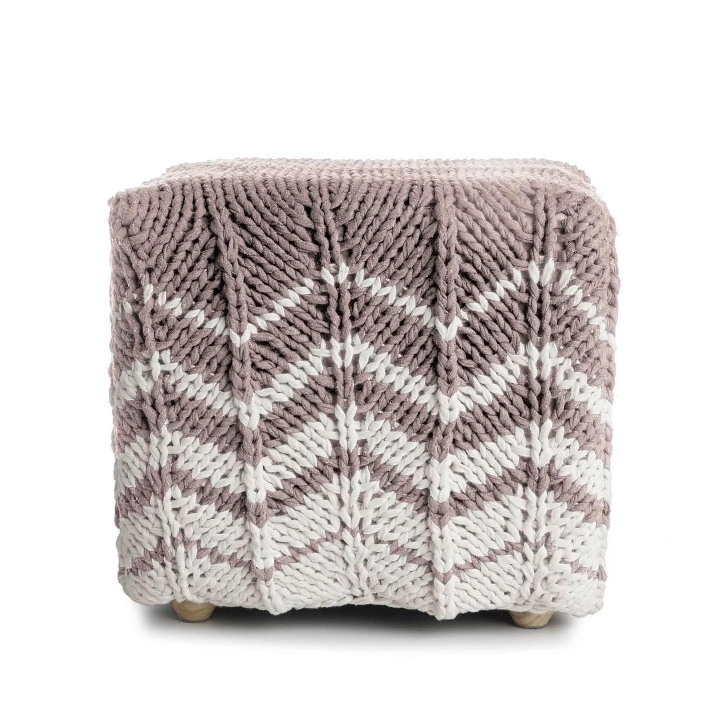 Puff Zig Zag, em tricô artesanal, Rose/Cru, com fio 100% algodão. Dimensões: Altura - 40cm; Largura - 45cm; Comprimento - 45cm.