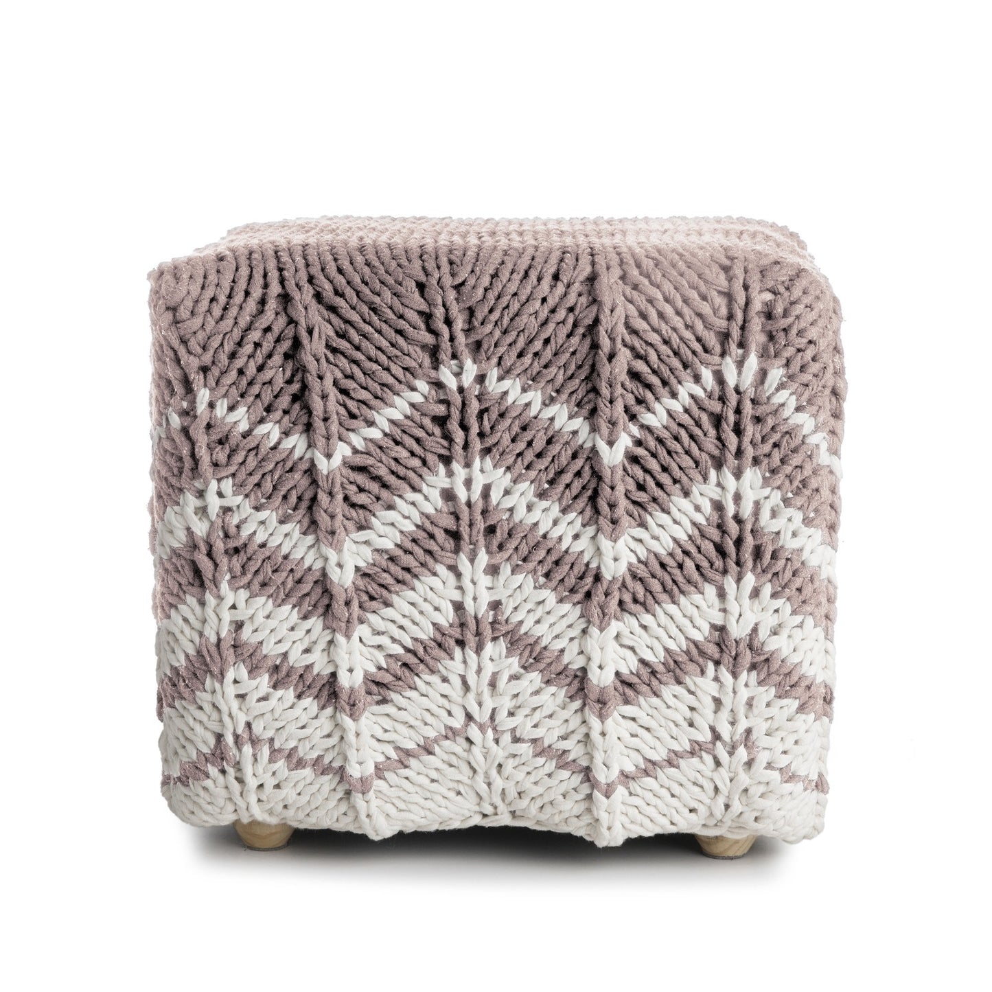 Puff Zig Zag, em tricô artesanal, Rose/Cru, com fio 100% algodão. Dimensões: Altura - 40cm; Largura - 45cm; Comprimento - 45cm.