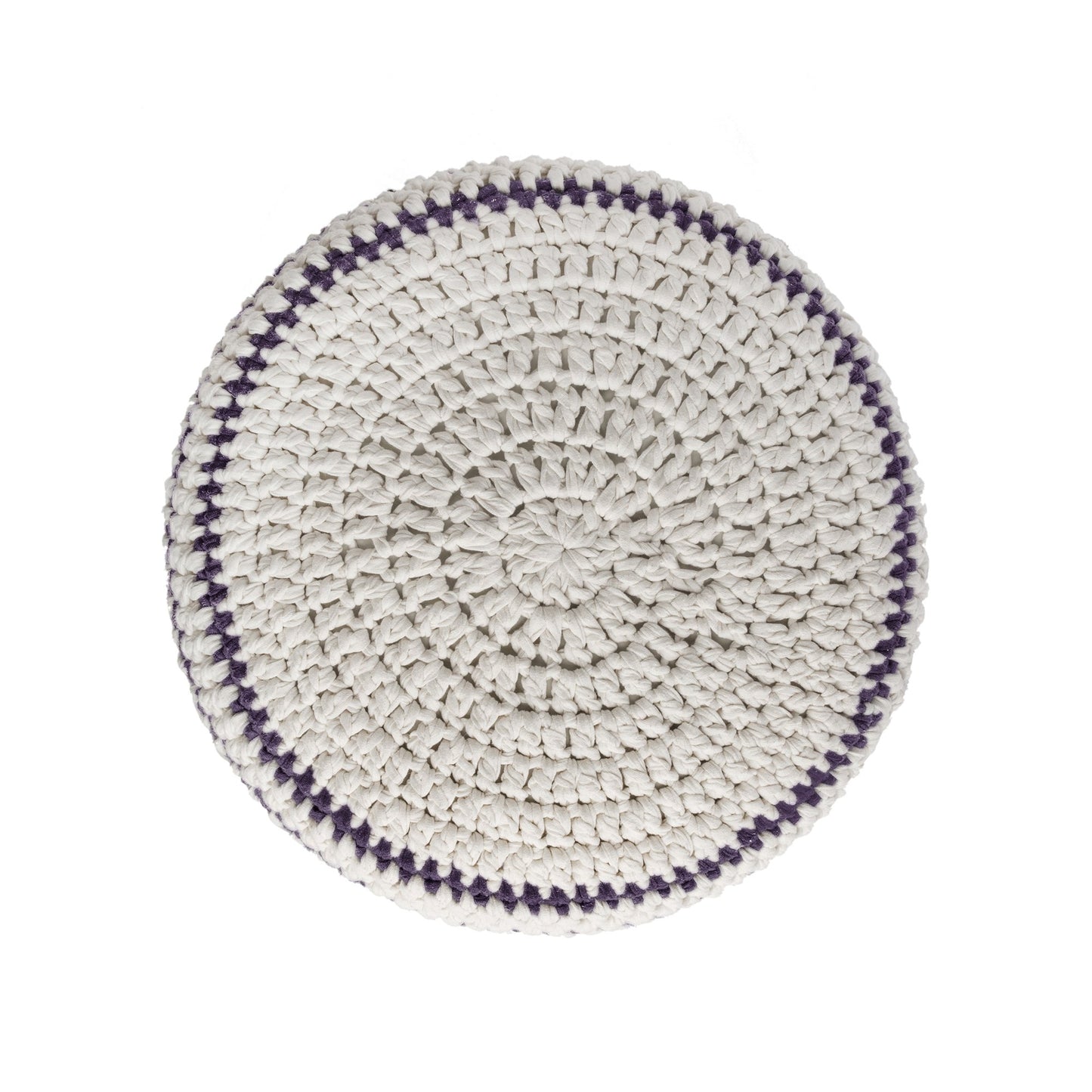 Puff de crochê artesanal listras, Roxo, com fio 100% algodão.  Fechamento com zíper, possibilitando a remoção da capa para lavagem.  Dimensões: Altura - 30cm; Diâmetro - 60cm.