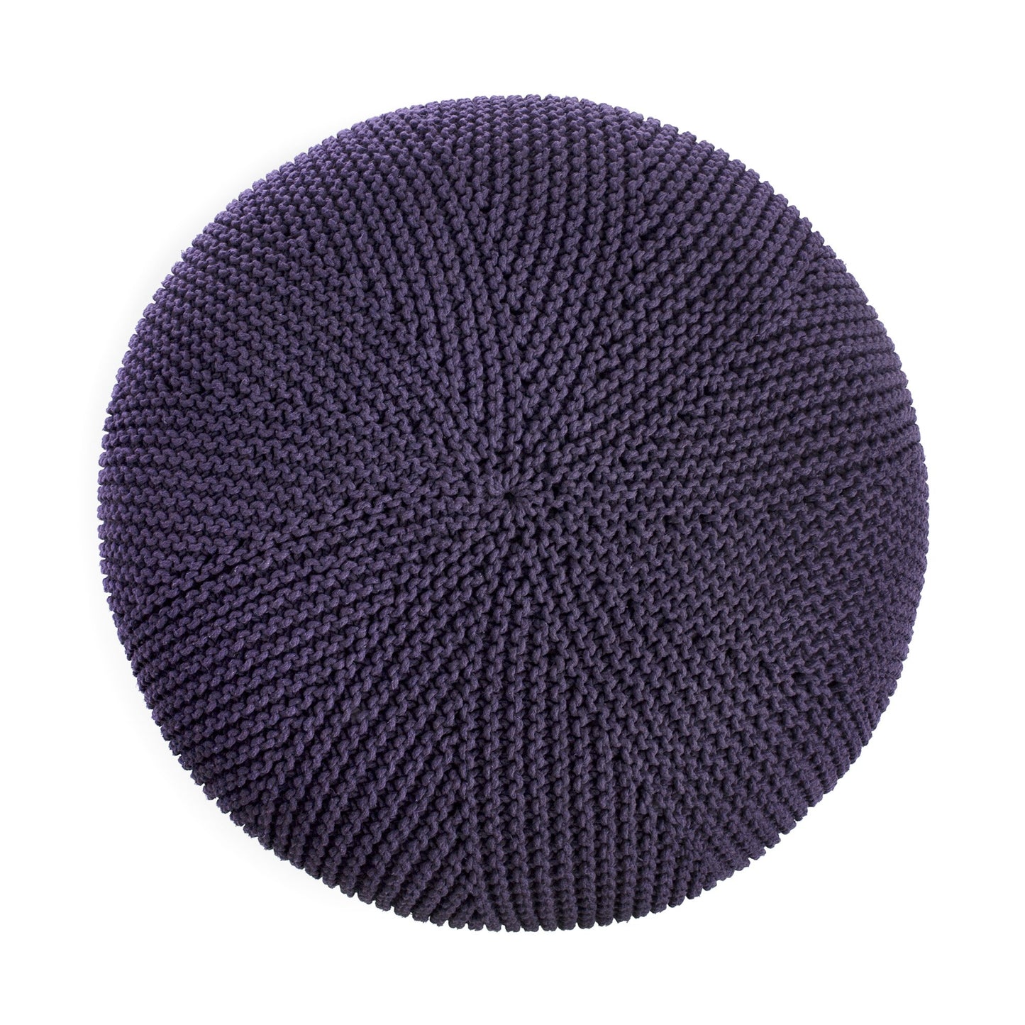 Puff em tricô artesanal, Roxo, com fio 100% algodão. Fechamento com zíper, possibilitando a remoção da capa para lavagem. Dimensões: Altura - 35cm; Diâmetro - 100cm.