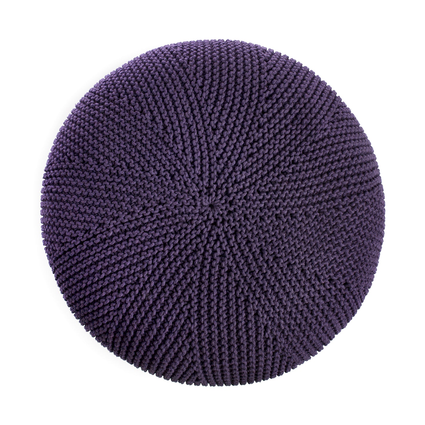 Puff em tricô artesanal, Roxo, com fio 100% algodão. Fechamento com zíper, possibilitando a remoção da capa para lavagem. Dimensões: Altura - 35cm; Diâmetro - 100cm.