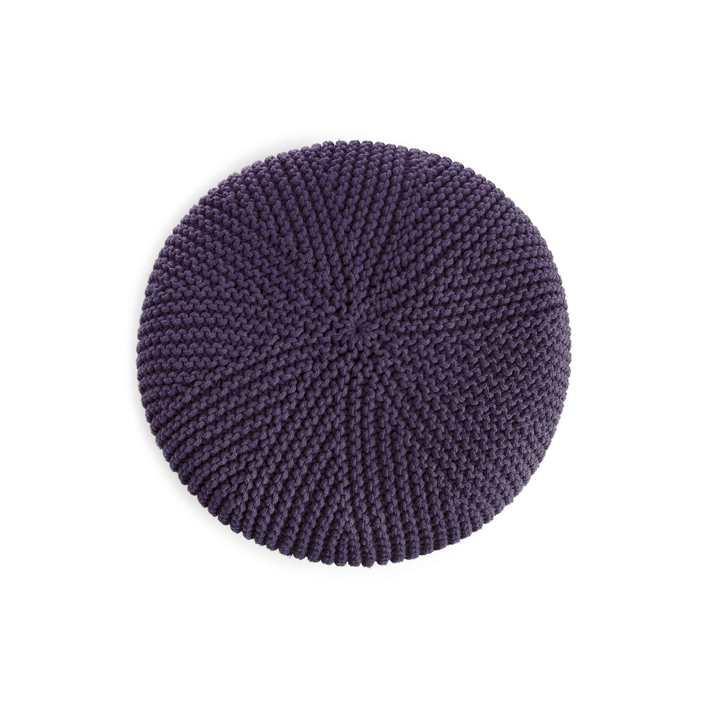Puff em tricô artesanal, Roxo, com fio 100% algodão. Fechamento com zíper, possibilitando a remoção da capa para lavagem. Dimensões: Altura - 30cm; Diâmetro - 75cm.