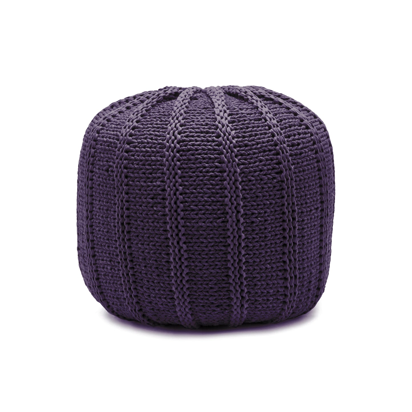 Puff em tricô artesanal, Roxo, com fio 100% algodão. Fechamento com zíper, possibilitando a remoção da capa para lavagem. Dimensões: Altura - 40cm; Diâmetro - 40cm.