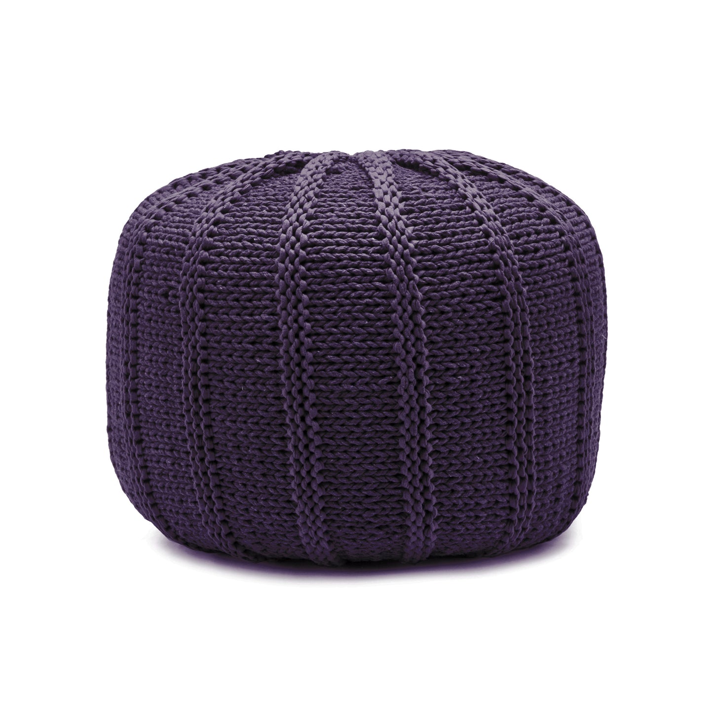 Puff em tricô artesanal, Roxo, com fio 100% algodão. Fechamento com zíper, possibilitando a remoção da capa para lavagem. Dimensões: Altura - 40cm; Diâmetro - 60cm.