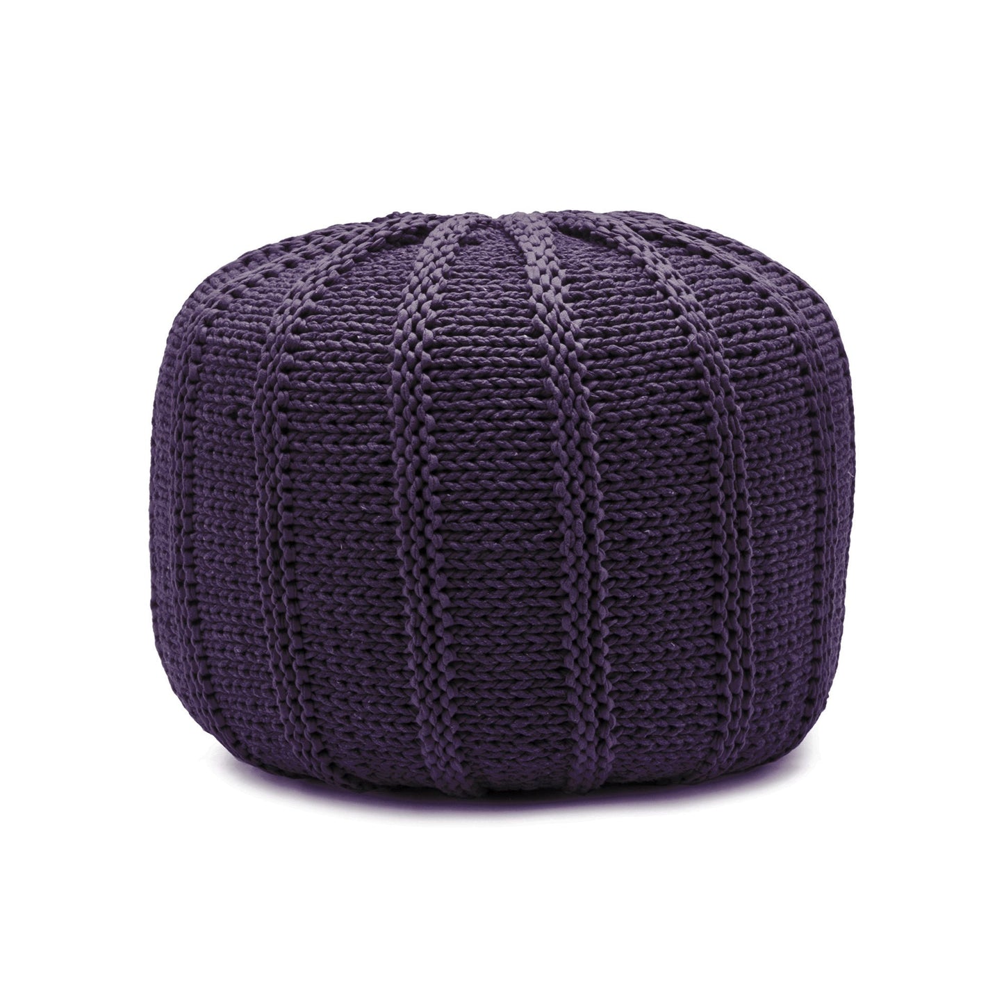 Puff em tricô artesanal, Roxo, com fio 100% algodão. Fechamento com zíper, possibilitando a remoção da capa para lavagem. Dimensões: Altura - 40cm; Diâmetro - 60cm.