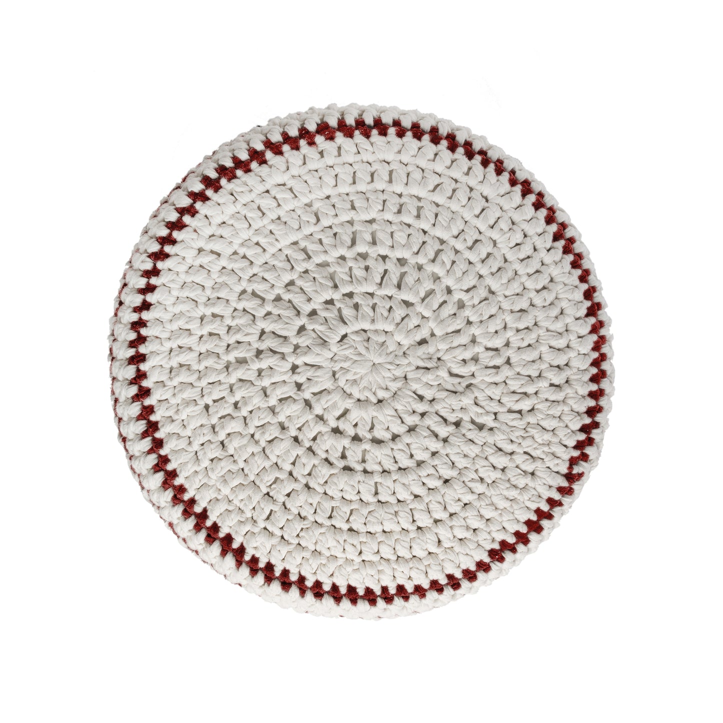 Puff de crochê artesanal listras, Terracota, com fio 100% algodão. Fechamento com zíper, possibilitando a remoção da capa para lavagem. Dimensões: Altura - 30cm; Diâmetro - 60cm.