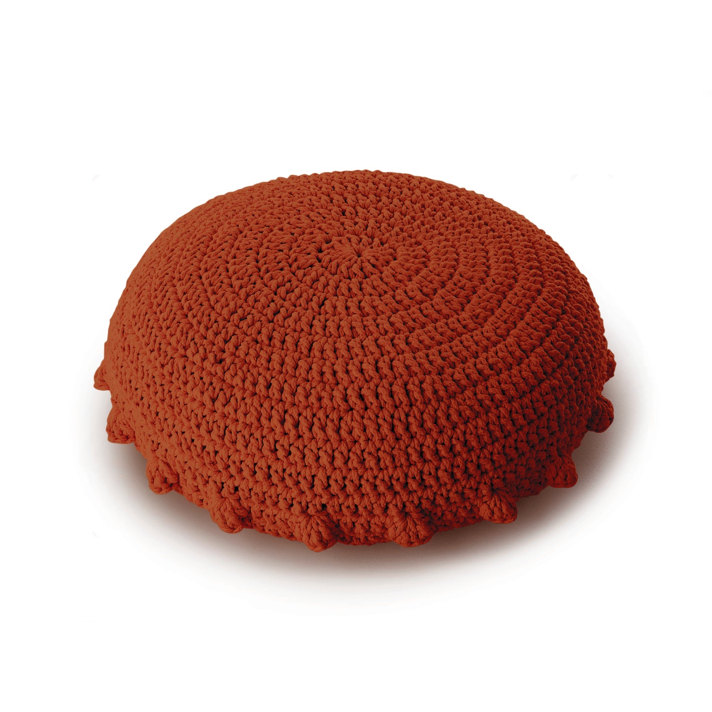 Puff Disco em crochê Terracota, com fio 100% algodão. Fechamento com zíper, possibilitando a remoção da capa para lavagem. Dimensões: Altura - 20cm; Diâmetro - 85cm.