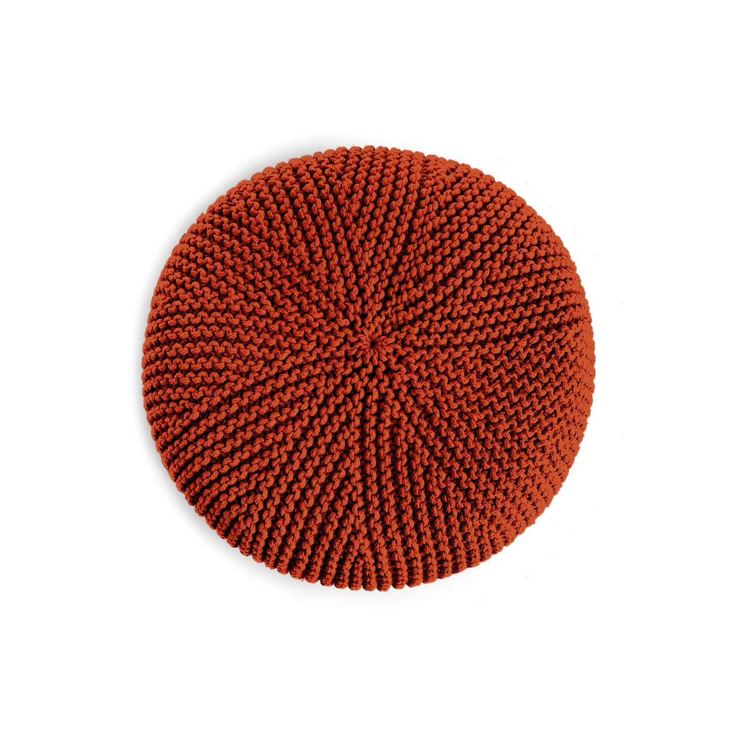 Puff em tricô artesanal, Terracota, com fio 100% algodão. Fechamento com zíper, possibilitando a remoção da capa para lavagem. Dimensões: Altura - 30cm; Diâmetro - 75cm.
