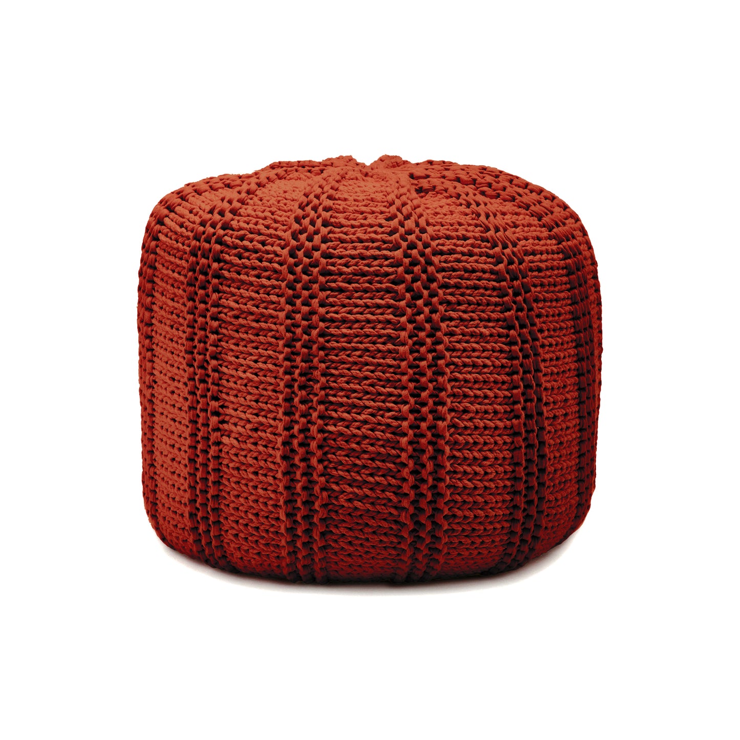 Puff em tricô artesanal, Terracota, com fio 100% algodão. Fechamento com zíper, possibilitando a remoção da capa para lavagem. Dimensões: Altura - 40cm; Diâmetro - 40cm.