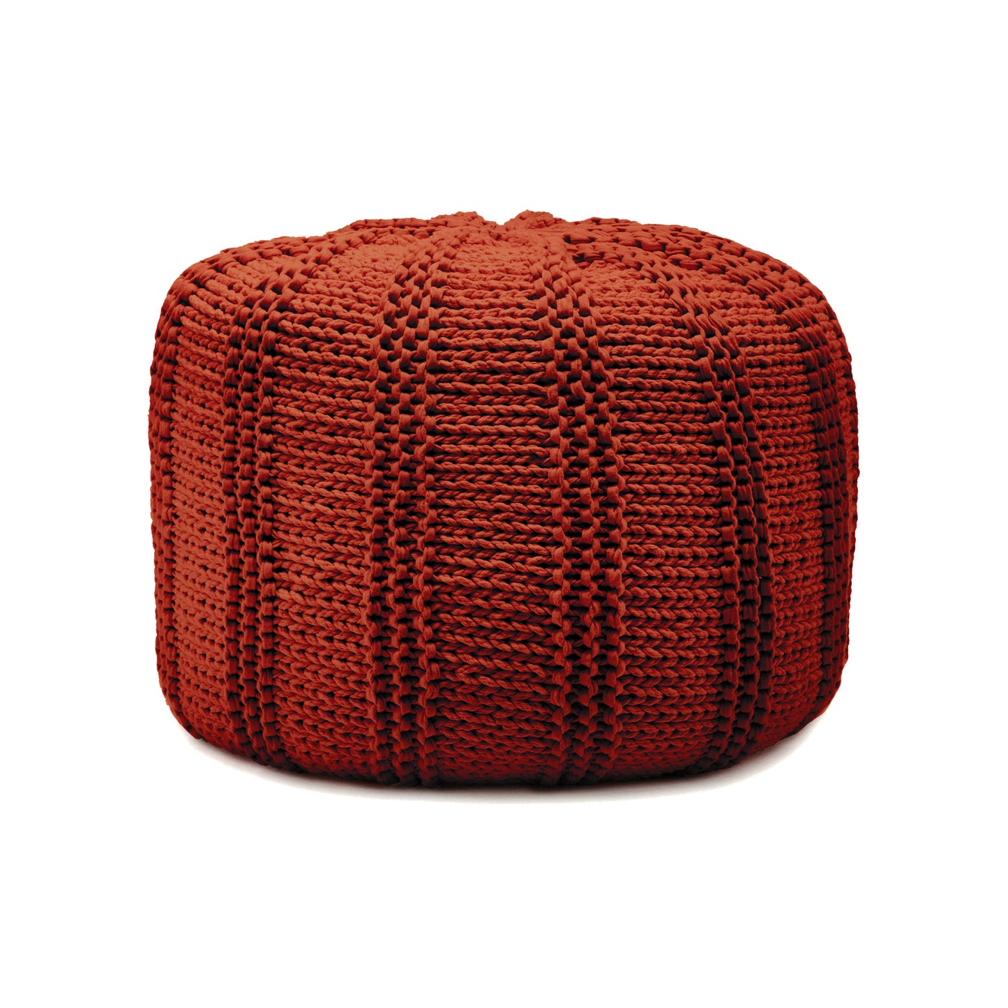 Puff em tricô artesanal, Terracota, com fio 100% algodão. Fechamento com zíper, possibilitando a remoção da capa para lavagem. Dimensões: Altura - 40cm; Diâmetro - 60cm.